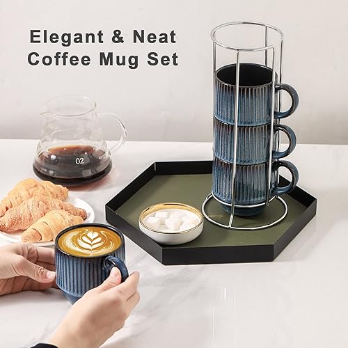 Vista 44 de Hasense Juego de 4 tazas de café de cerámica con soporte, 15 onzas, apilables, grandes, de porcelana, acanaladas, para capuchino, té, cacao