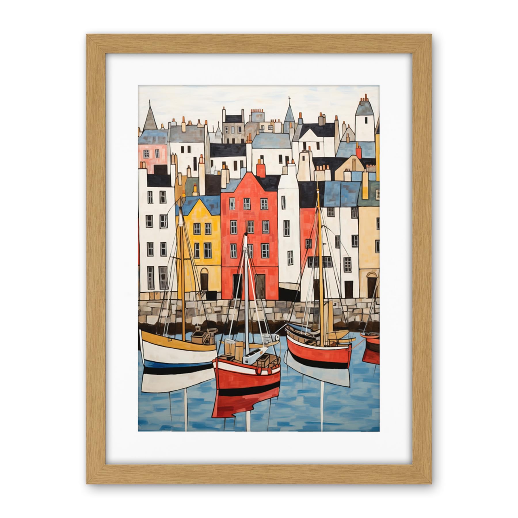 Artery8 Colourful Town Harbour Acrylic Painting Red Yellow Blue Fishing Boats Coastal Townscape Artwork Framed Wall Art Print 18X24 Inch