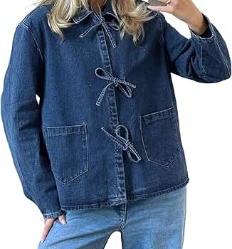 HGps8w Women's Cute Bow Denim Jackets Casual Loose Fit Tie