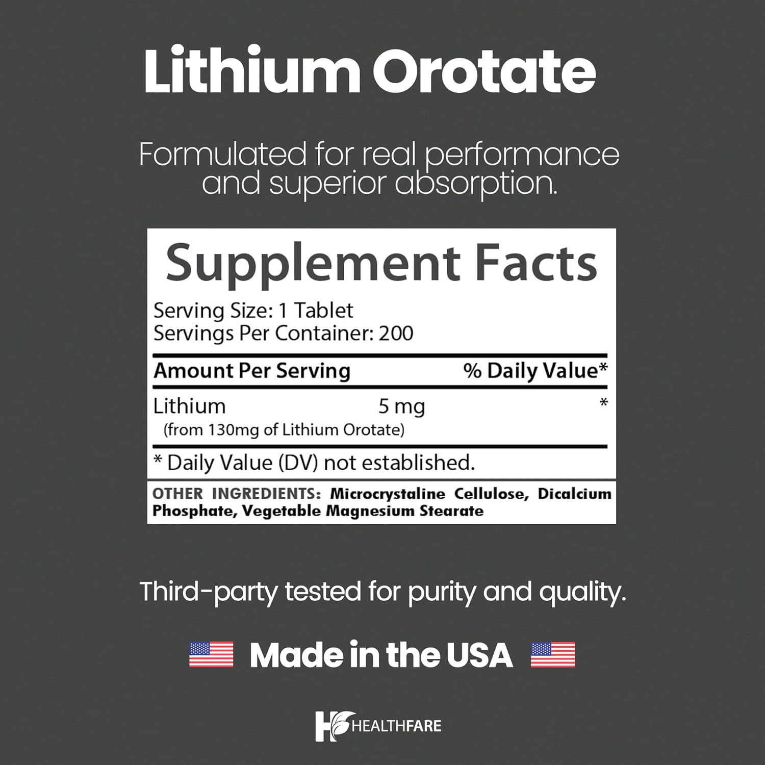 HealthFare Lithium Orotate Supplement 130mg | 200 Vegetarian Tablets | High Bioavailability Trace Mineral | Mood, Brain & Memory Support | Non-GMO, Gluten-Free | Made in USA - Image 3