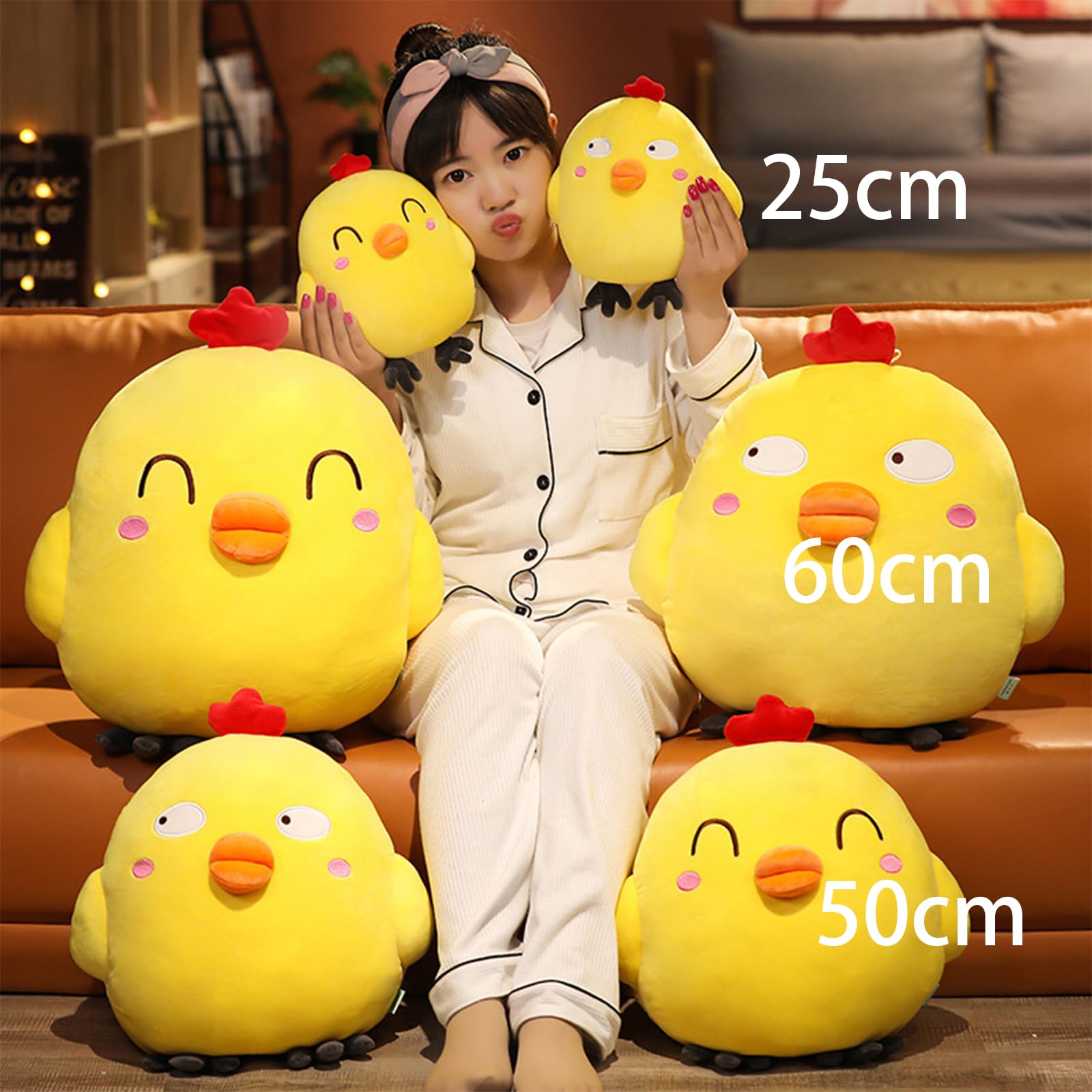 Gelb Huhn Kuscheltier, 25/50/60cm Hühner Plüschtier, Stofftier Plüsch Tier, Geschenk für Jungen Mädchen Erwachsene (glücklich,60cm)