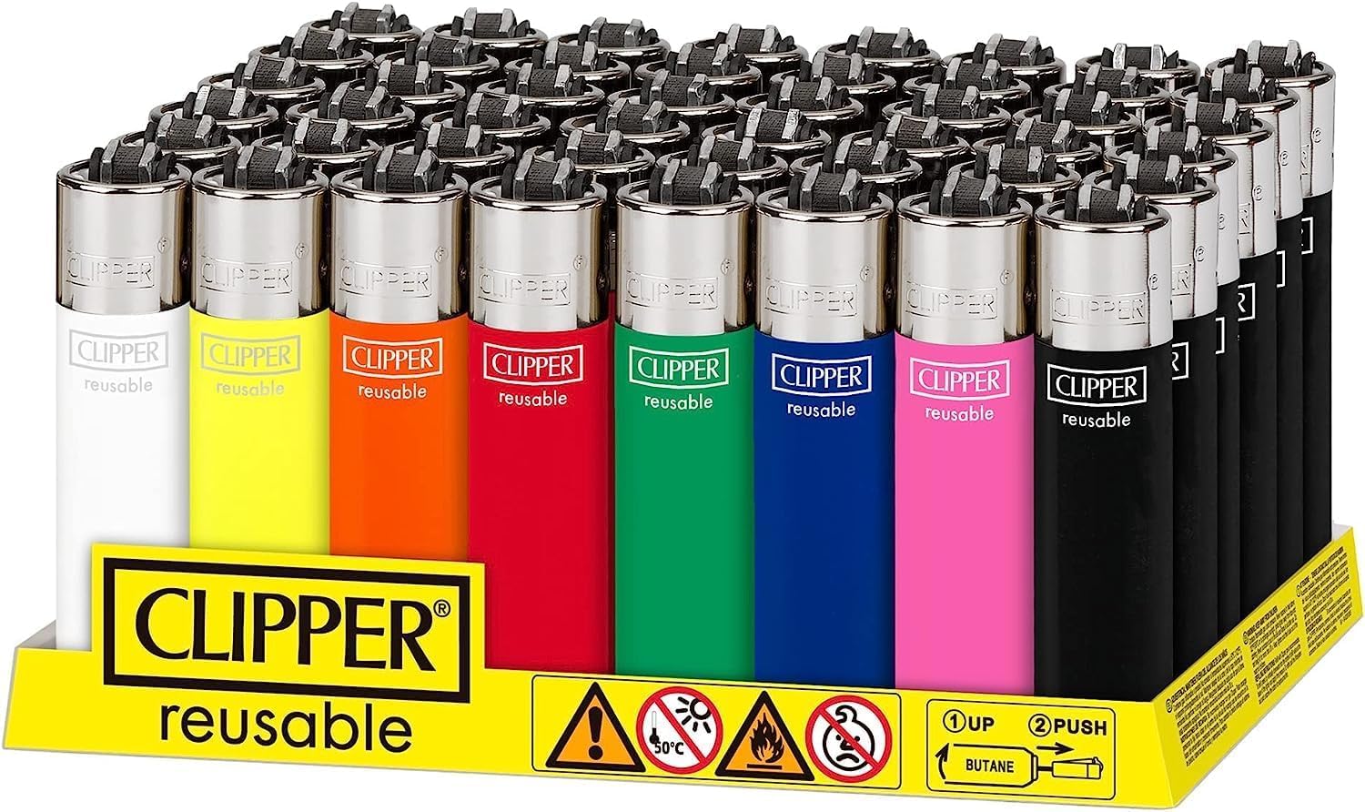 Pack de 48 Encendedores Clipper Surtido Sólido CP11 Seguros y Recargables Colores Variados Diseño Lindo + 5 Gas ISOBUTANO para MECHEROS + Clipper 2 Paquete de 9 Piedras de Mechero