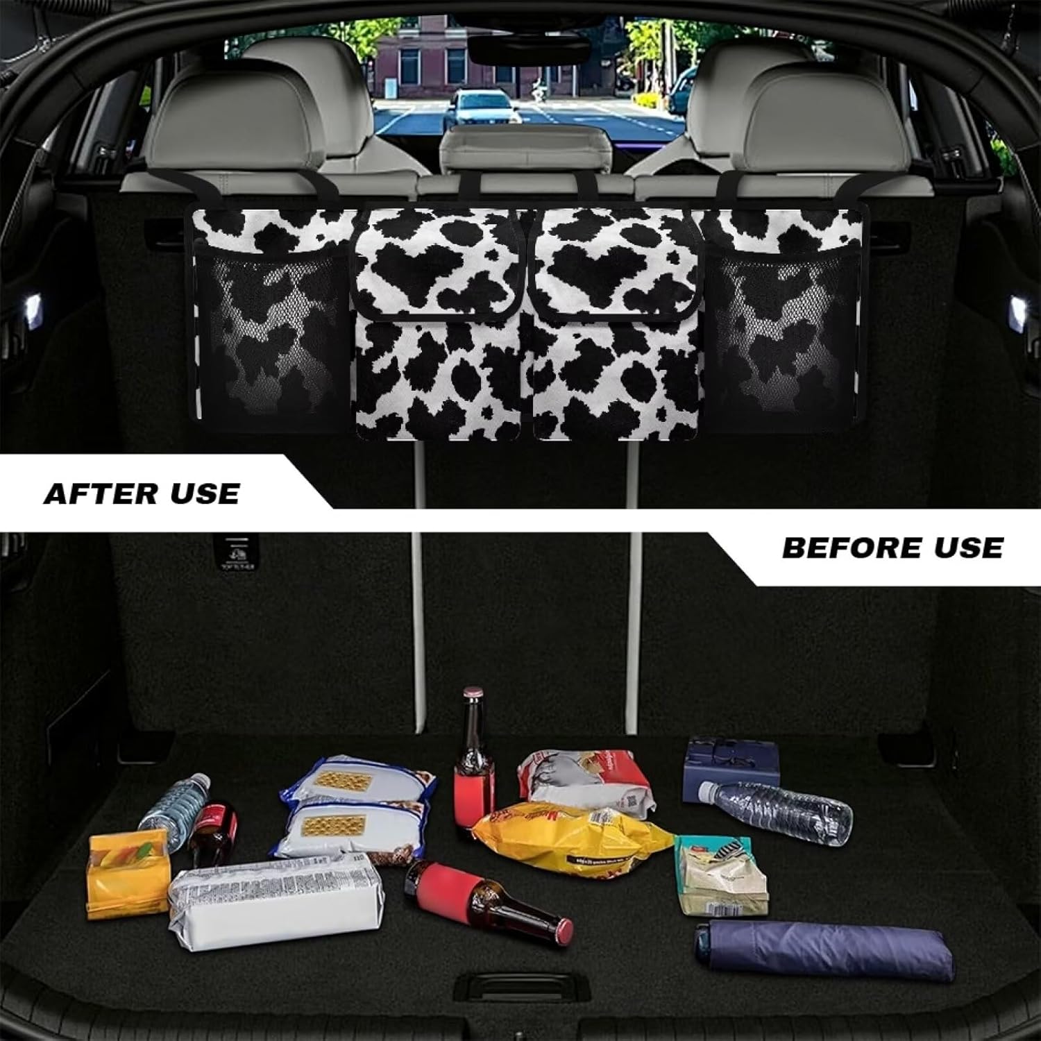 Cow Print Car Trunk Organizer Car Backseat Storage Bag with 4 Pockets Hanging Trunk Cargo Storage Universal Auto Accessories for Sedans SUV Trucks Van