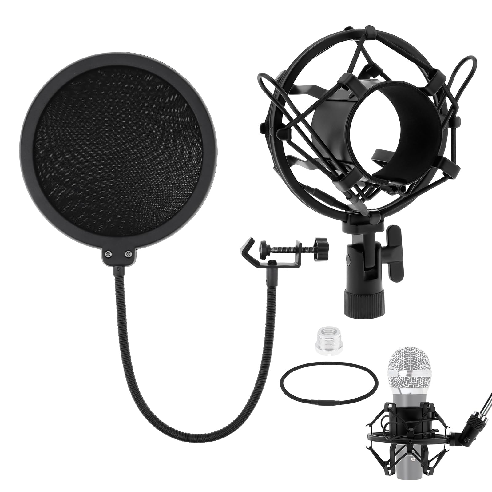 Soporte antivibración para micrófonos de condensador de 46 mm a 50 mm con filtro pop para grabación de música de estudio, pantalla Wind Pop flexible de 360 grados con cuello de cisne