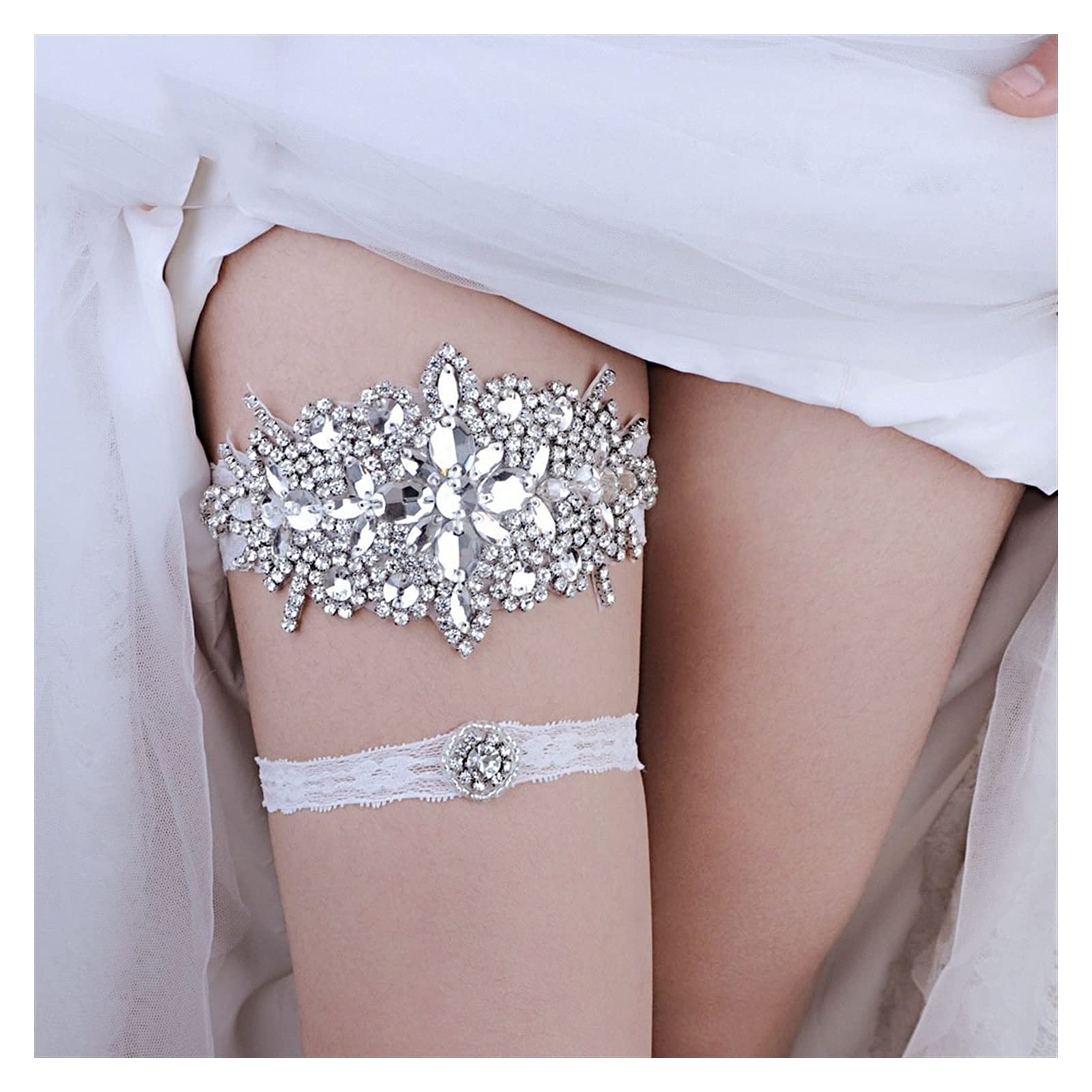 Conjunto de Liga de Encaje Hecho a Mano, Anillo de Muslo con Banda de Pierna de Diamantes de imitación, Liga de Mujer para Fiesta de Bodas (Color : Blanco) (Blanco) (Blanco)