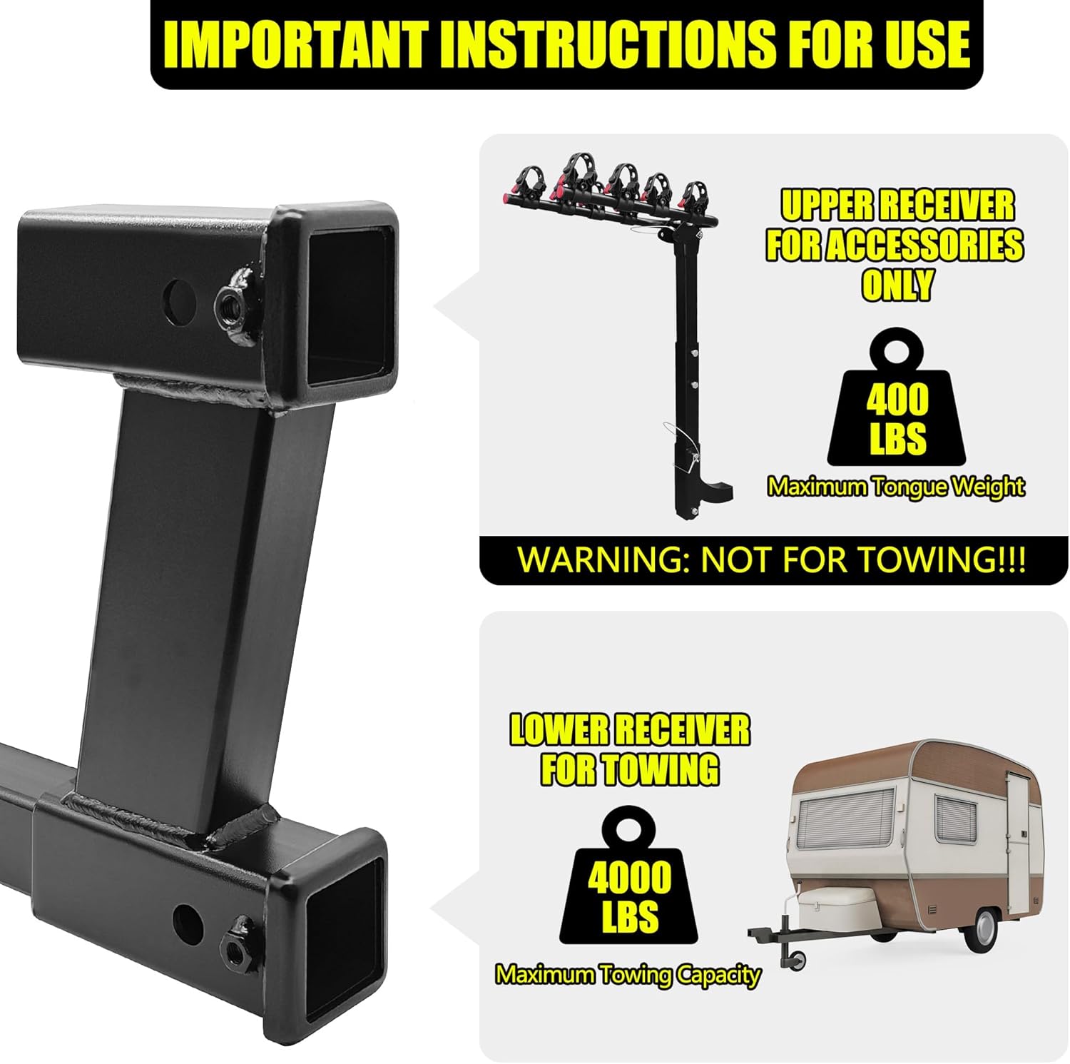 KAIRAY Double Hitch Receiver, 2 inch Trailer Dual Hitch Extension Riser, Hitch Adapter Fits for 2 inch Receiver Extender to 10 inch Max Length, 10 Inch Riser/Drop