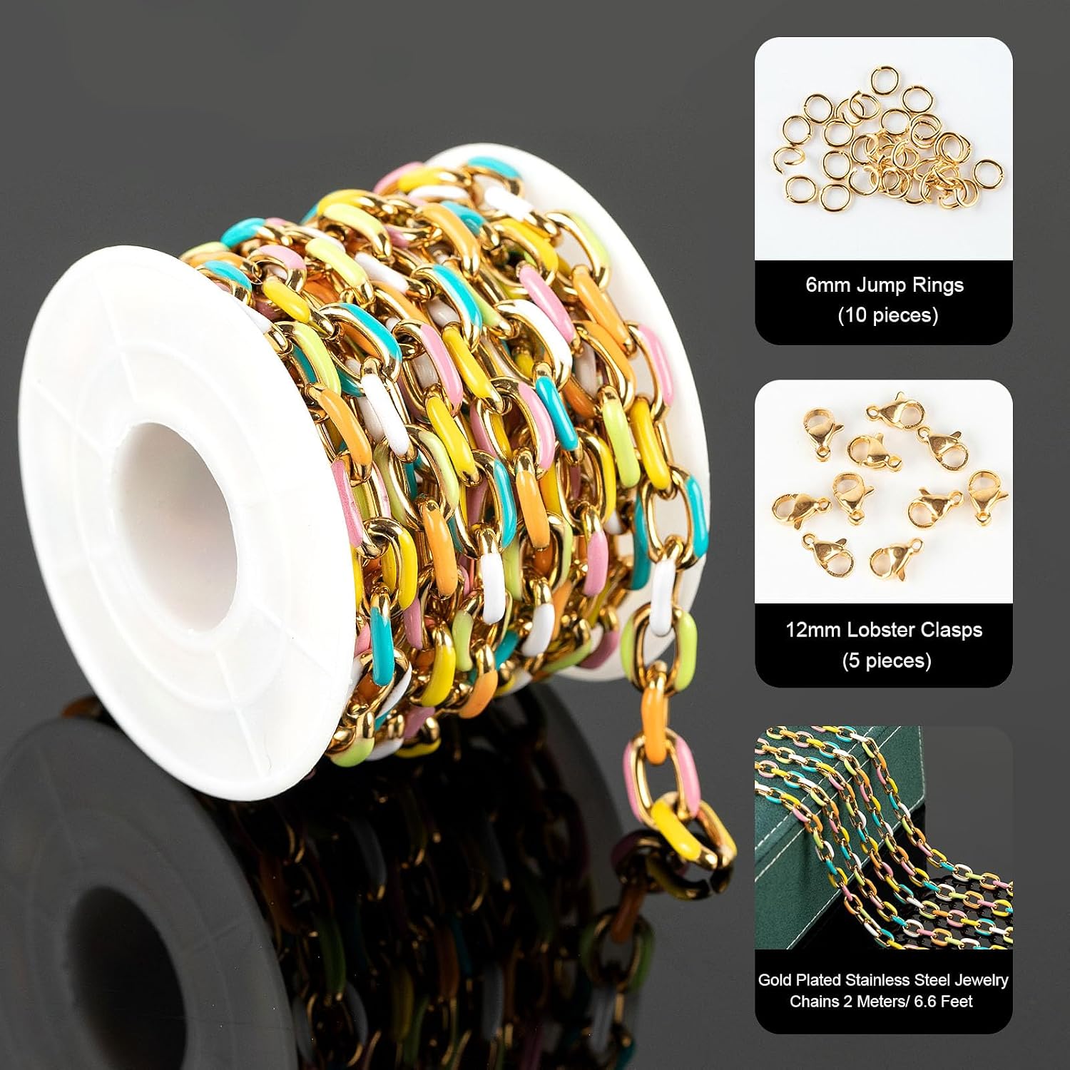 UMAOKANG 2 Yard Gold Plated Chain for Jewelry Making Stainless Steel Chains Bulk Colorful Enamel Paperclip Chain Roll with Jump Rings and Lobster Clasps