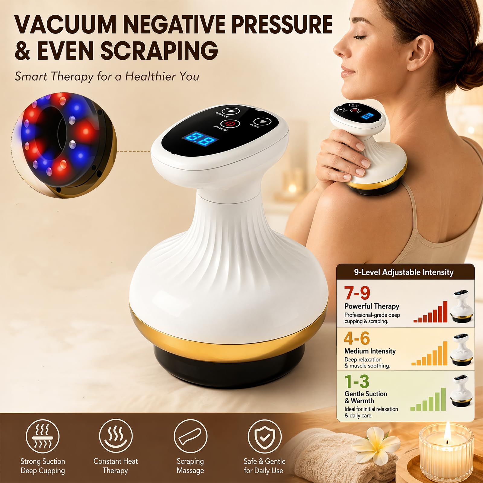 Vacuvia Cellulite Massager, Massagegerät mit Wärmetherapie, Gua Sha Elektrisch, Rotlicht & Blaues Licht, 9 Heizstufen+9 Saugstufen, Durchblutung, für Bauch, Taille, Arme, Beine, Gesäß