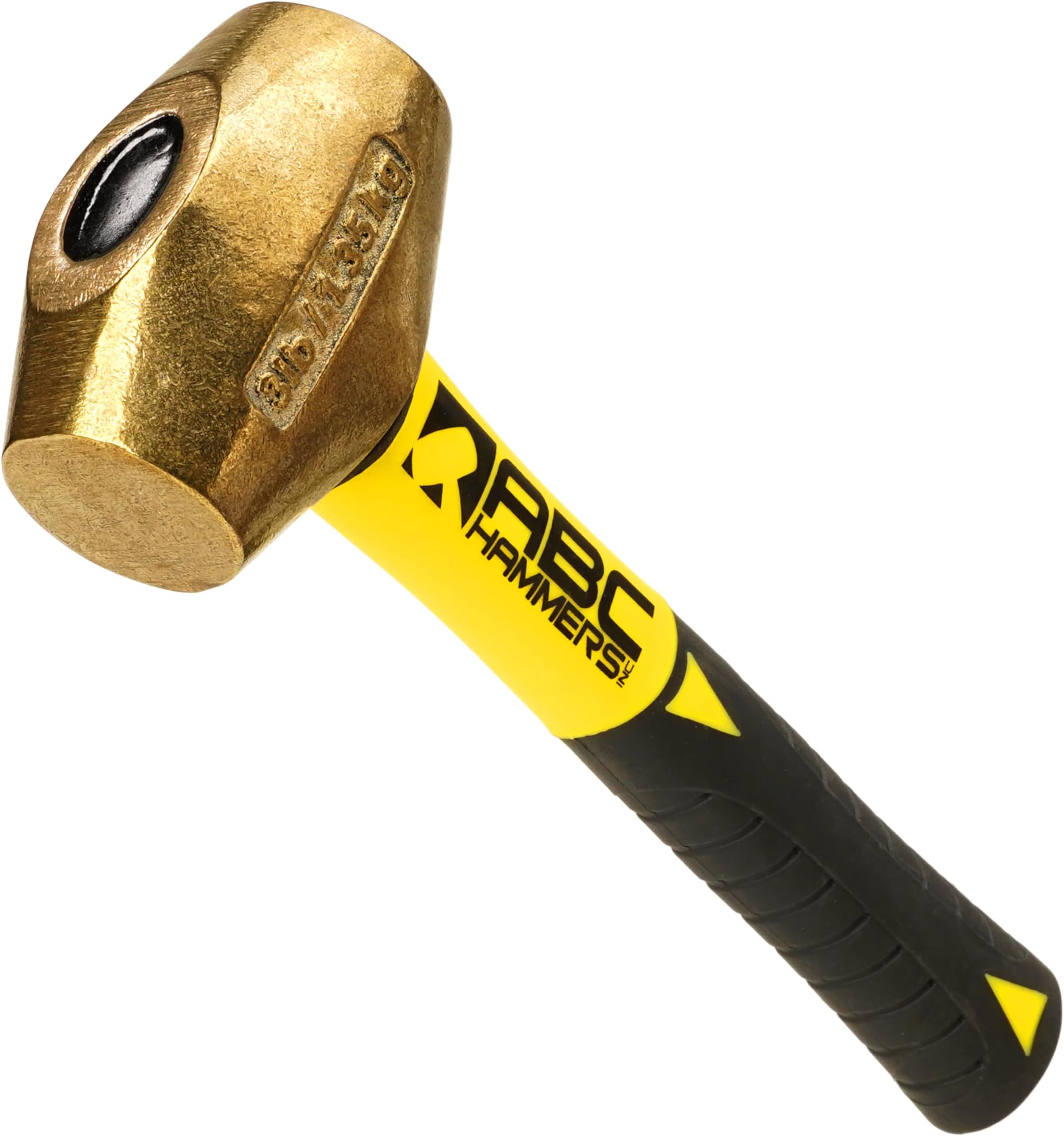 ABC HAMMERS Brass Drilling Hammer - 3 lb. USA Made Non-Sparking Hammer with 8" Fiberglass Handle & Double Faced Head - ABC3BFS
