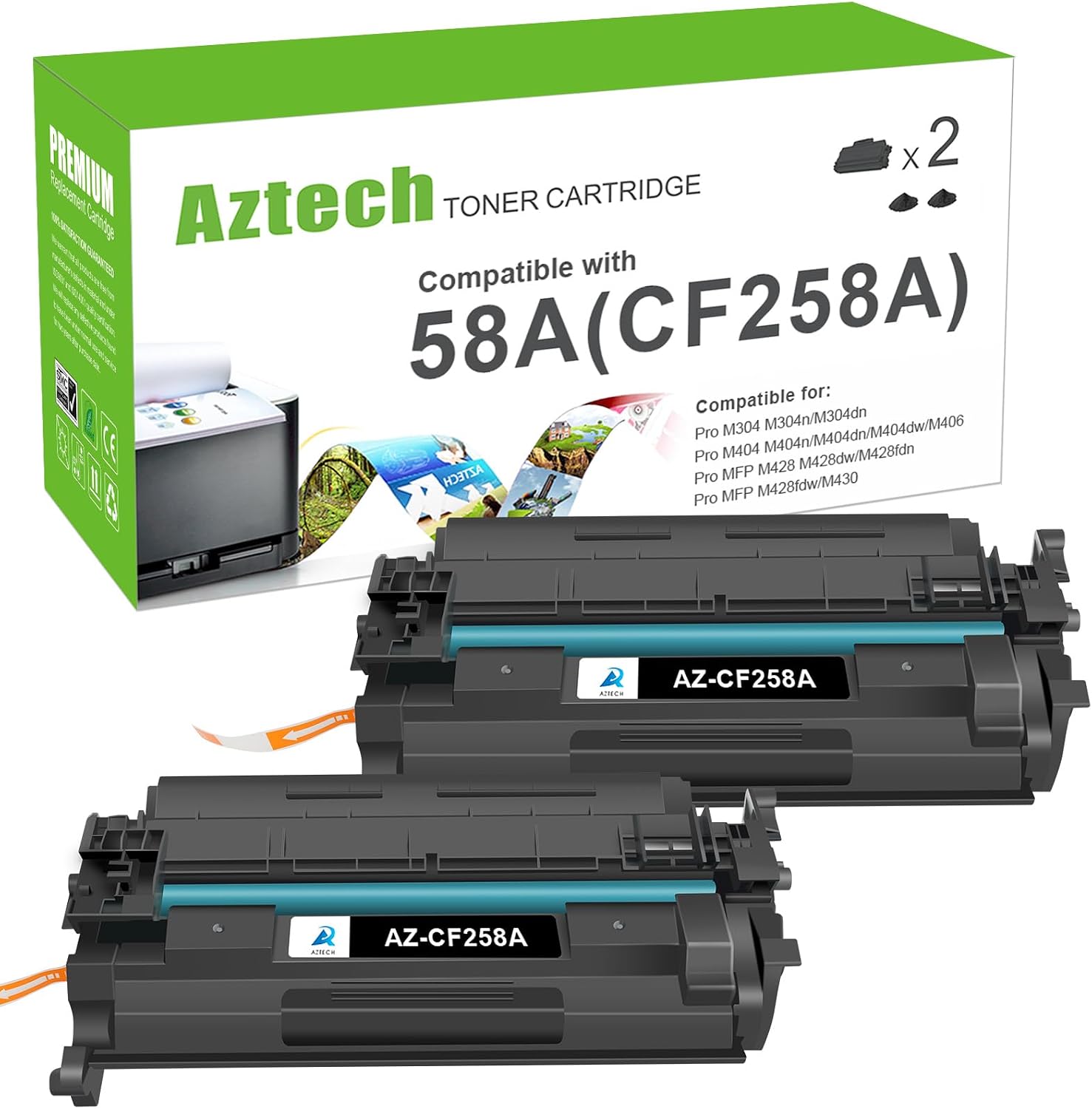 Aztech CF258A 58A Toner Cartridge Black Compatible Replacement for HP 58A CF258A 58X CF258X for HP LaserJet Pro M404n M404dn M404dw MFP M428fdw M428fdn M428dw M404 M428 Printer 2 Pack
