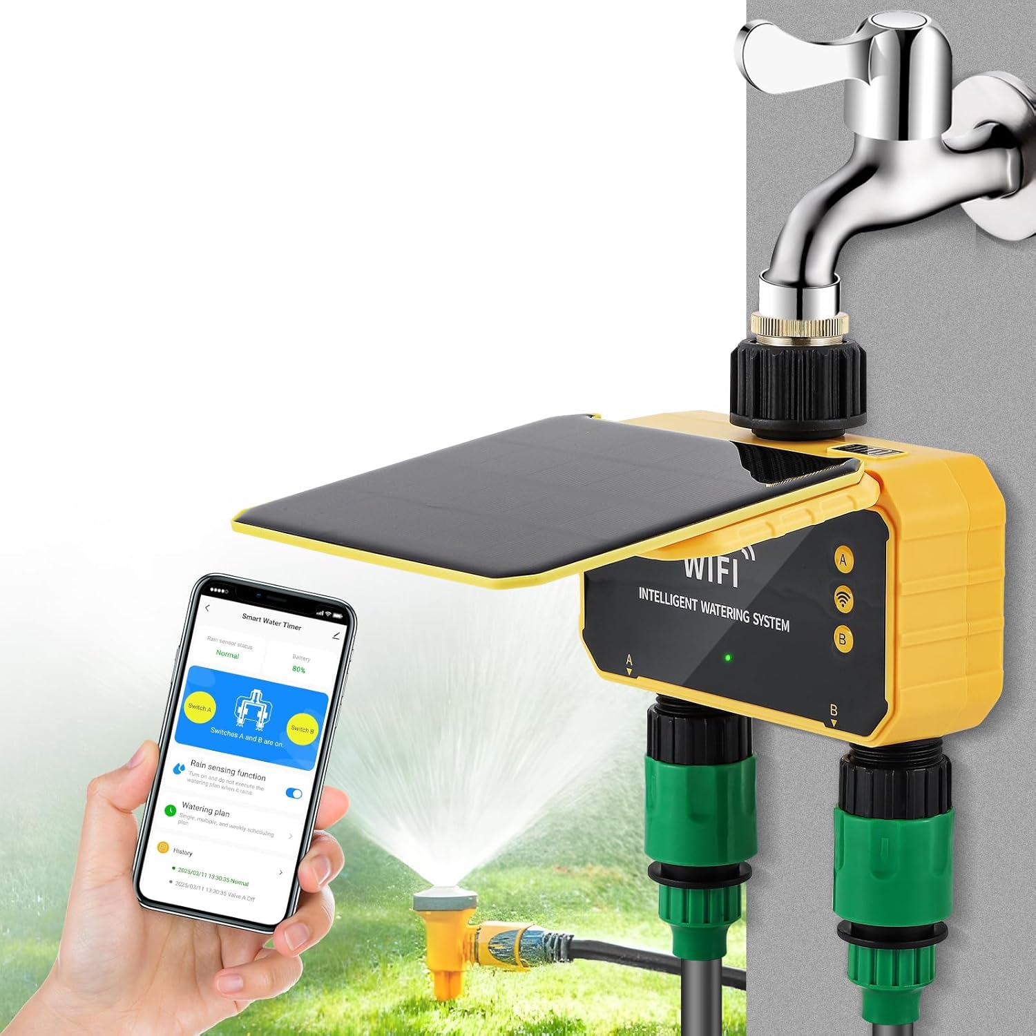 Moongiantgo 2 Zone Smart Solar WiFi Timer, App Control Hose Sprinkler Controller with Rain Delay, Outdoor Automatic Watering System for Lawns Yard Garden, Up to 30 Timing Settings (Single Timer)