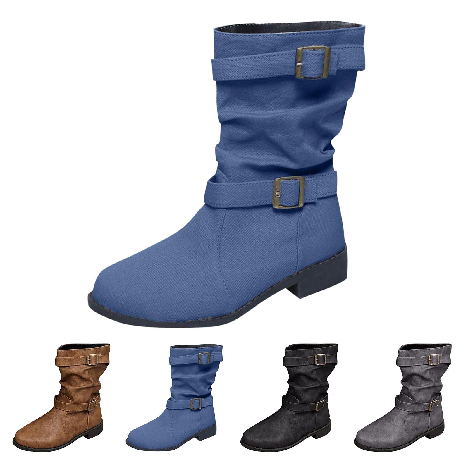 Womens Mid Calf Cowboy Boots Low Heel with Adjustable Ankle Strpa Vintage Faux Leather Comfortable Dress Boots Round