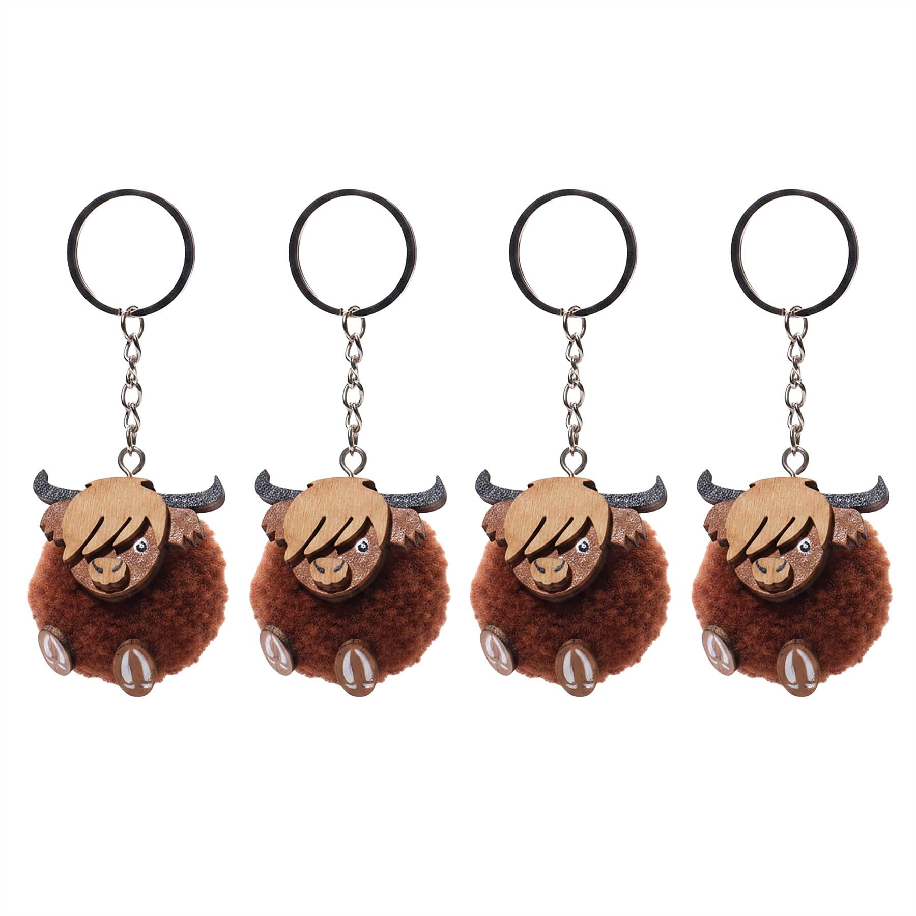 Carousel Home Pack of 4 Highland Cow Pom Pom Keyrings, 4cm Wool Pom Pom Bag Charms, Mini Woolly Cow Animal Keychains