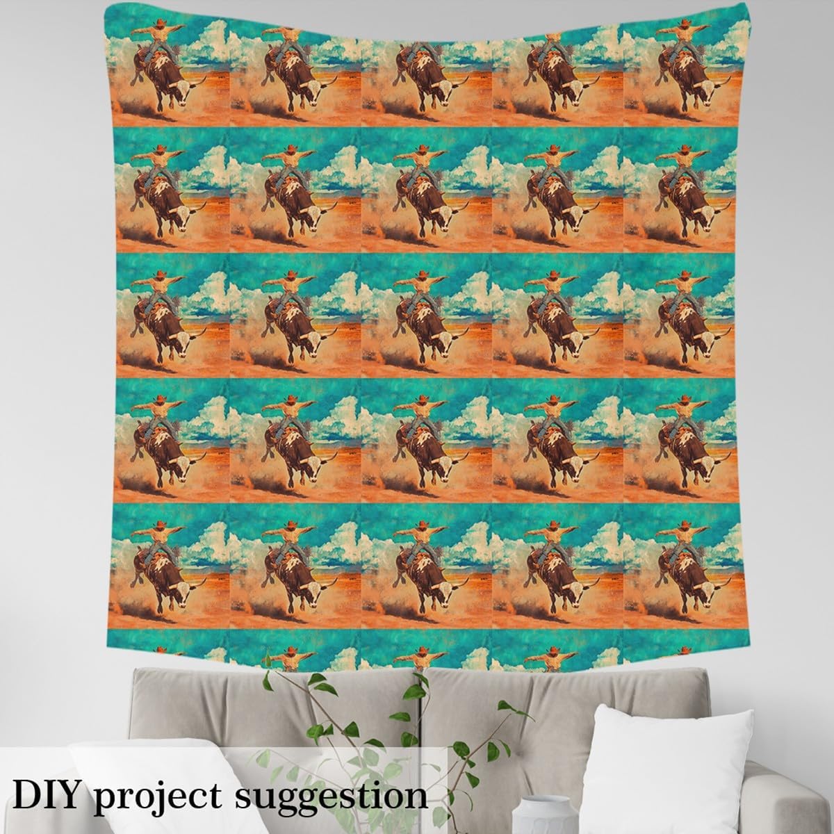 Western Cowboy Fabric by The Yard - Rustic Farmhouse Bull Cattle Upholstery for Chairs, Southwest Wild Desert Decorative, Watercolor Batik Outdoor Western Decor - Green Orange, 5 Yards
