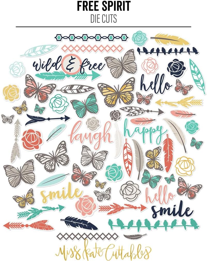 Die Cuts & Paper Set - Free Spirit - by Miss Kate Cuttables - 16 Single - Sided 12"x12" Specialty Paper Sheets & Over 60 Coordinating Die Cuts