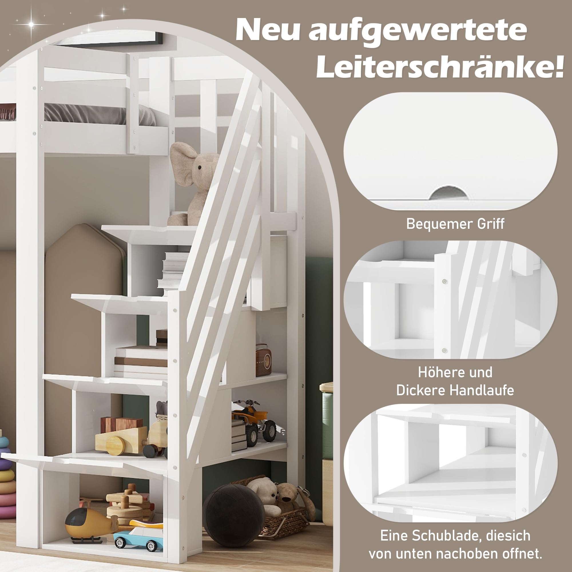 Cama alta para niños, 90 x 200 cm, sin colchón, barandilla individual, escalera plegable, cajones, armario, varios estantes, espacio libre combinable según sea necesario