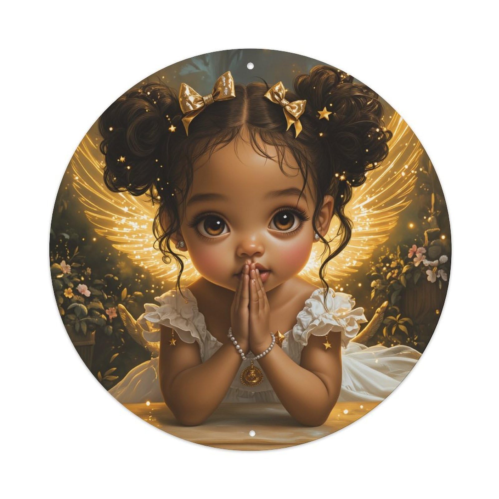Golden Wings Angel Child Prayer Round Tin Sign Vintage Metal Poster, Home Bar Garage Man Cave Cafe Indoor & Outdoor Wall Decoration 8x8Inches