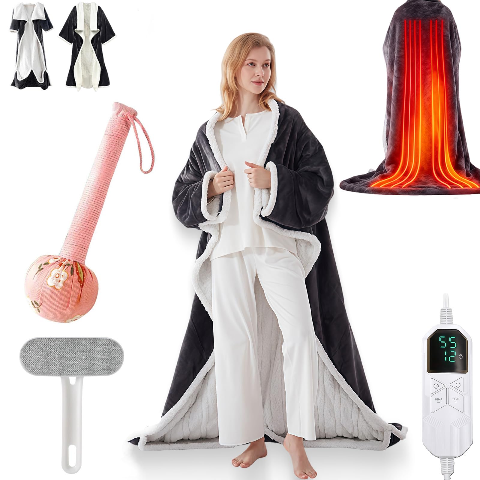 Mondpfote With Foot Electric Heated Wearable Blanket - Flannel,Usb Heated Blanket, 6 Heating Levels & Timer, Wearable With Built-In Foot Pockets & Sleeves,Heating Wrap Poncho Shawl For Family, Friends (With Foot)