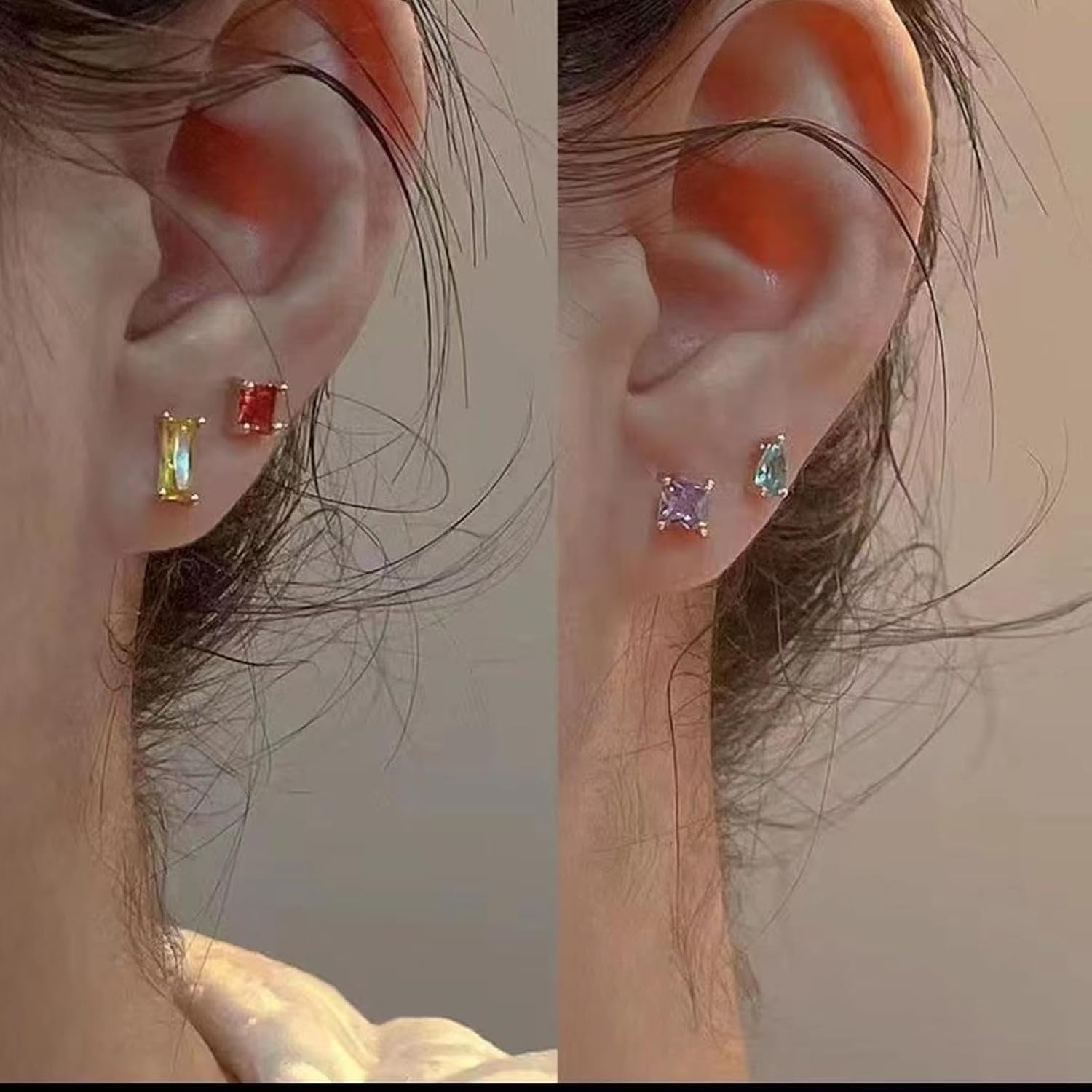 5 Pcs Crystal Stud Earrings Set Small Geometric Birthstone Earrings Teardrop Square Rectangle Solitaire Studs Cubic Zirconia Cartilage Helix Earrings Trendy Jewelry for Women - Image 3