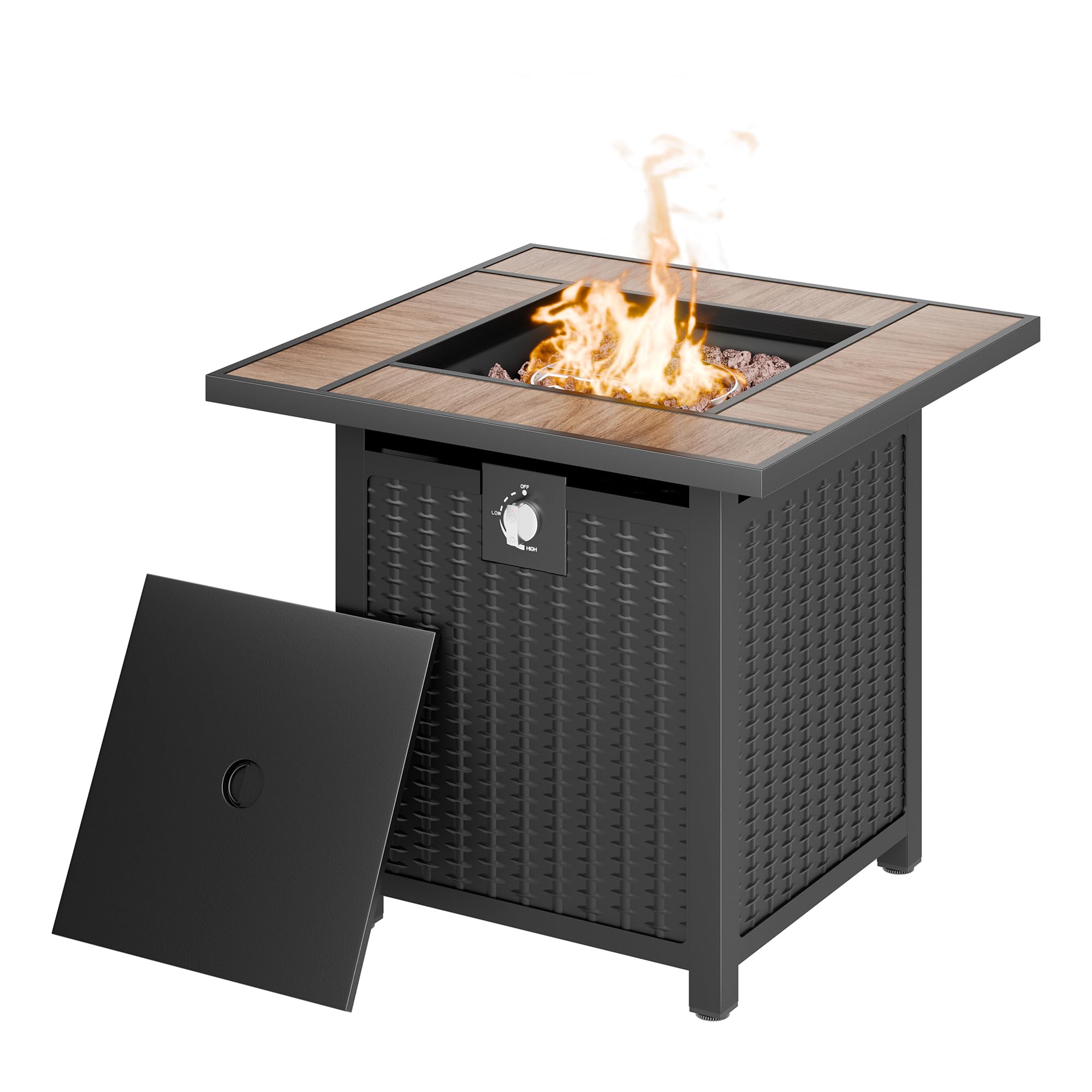 Shintenchi 28 Inch Propane Fire Pit Table Outdoor 50,000 BTU Steel Gas Fire Pit with Lid and Lava Rock, Outside furniture with Waterproof Cover and Rattan Pattern for Patio, Backyard, Party, Brown Top