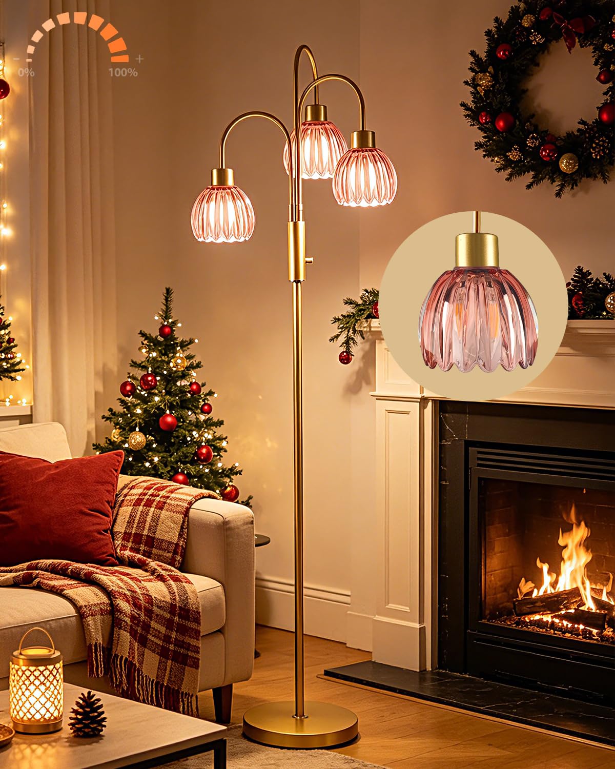Red Lotus Glass Floor Lamp 3-Light 70" Gold Dimmable Tall Standing Lamp