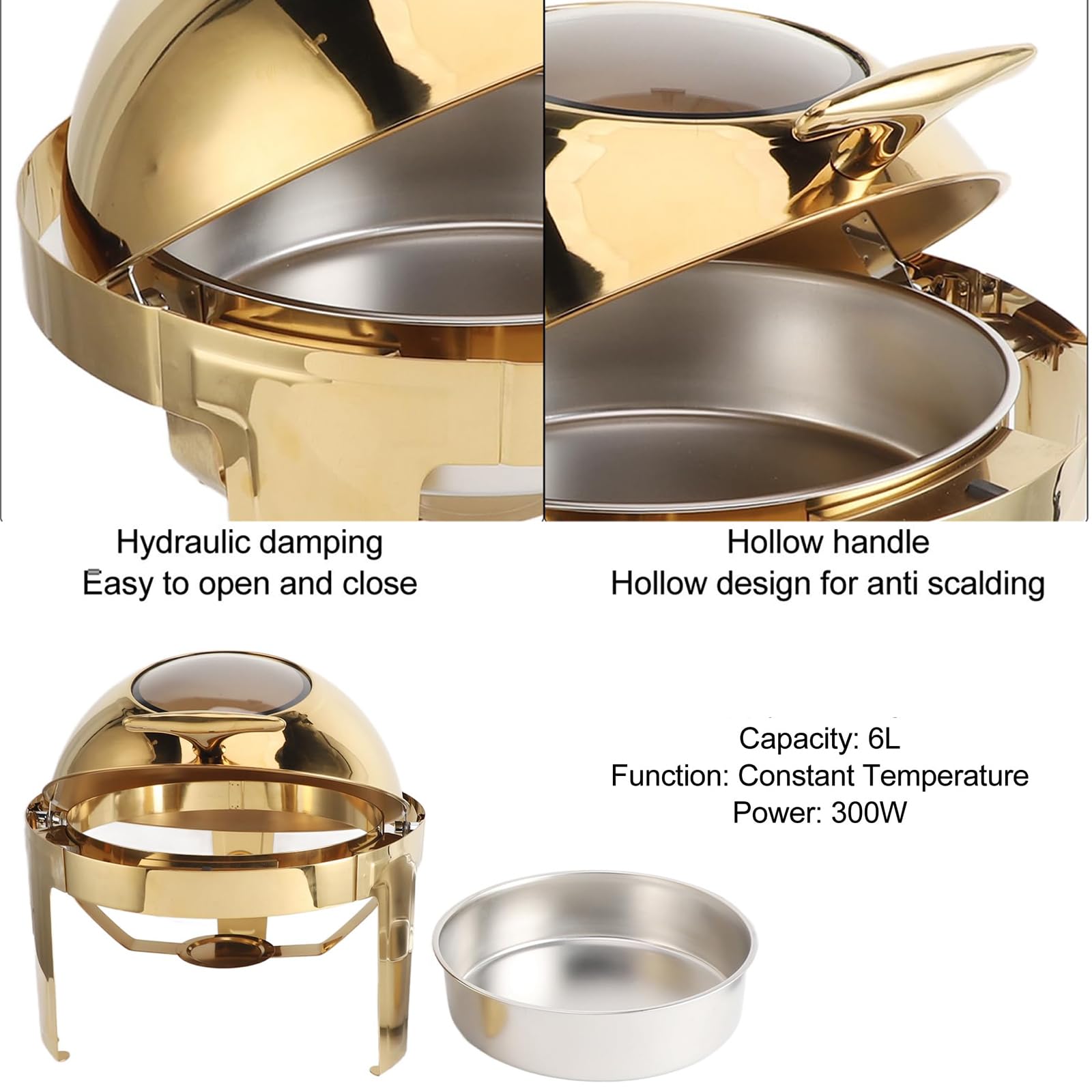 Juego De Buffet para Chafing Dish: 6 L, Calentador De Alimentos Redondo para Catering, Calentado con Alcohol, Giro Suave/0-180 °, Fácil De Limpiar, para Fiestas,Silver