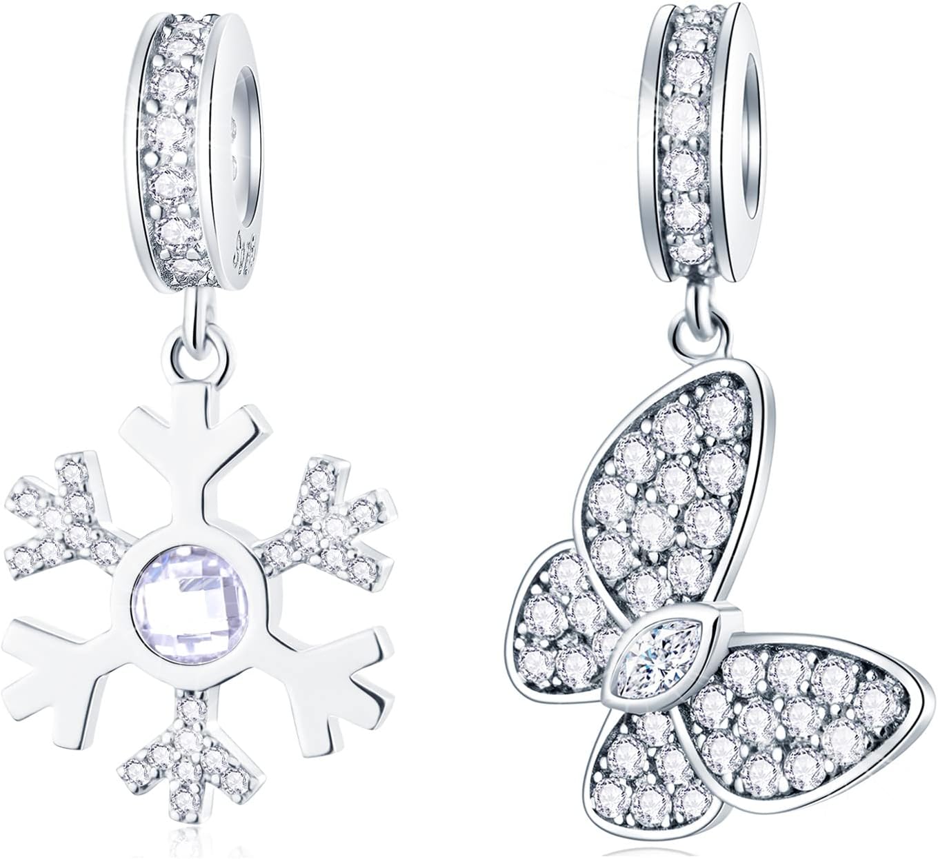 GEMDAZZ Snowflake and Butterfly Charm Set in 925 Sterling Silver,Fit Necklace Bracelet, Gift for Girl/Sister/Wife