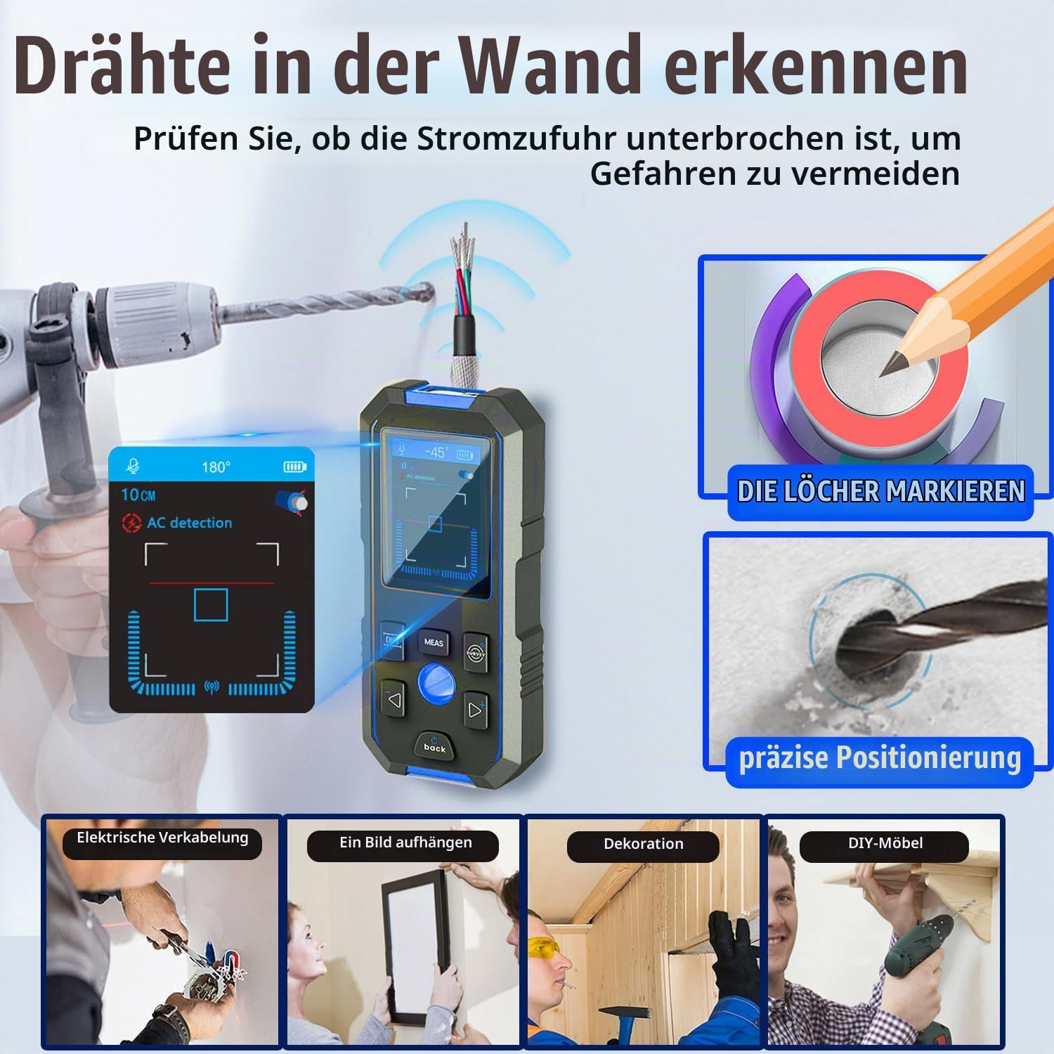 Kabelortungsgerät Professionelles Ortungsgerät Wandscanner Bolzensucher | Detektor Holz/Eisenmetalle/Bolzen/Nichteisenmetalle/Kabel/Rohre Doppelte akustische und visuelle Warnsignale NF-518