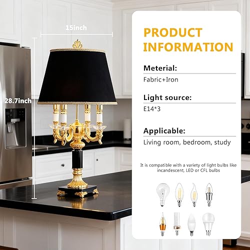 Miniatura 7 de Radiya European Luxury Crystal Table Lamp, Crystal Lamp Post, Black Silk Fabric Lampshade, Retro Living Room Bedroom Office Bedside Lamp Creative