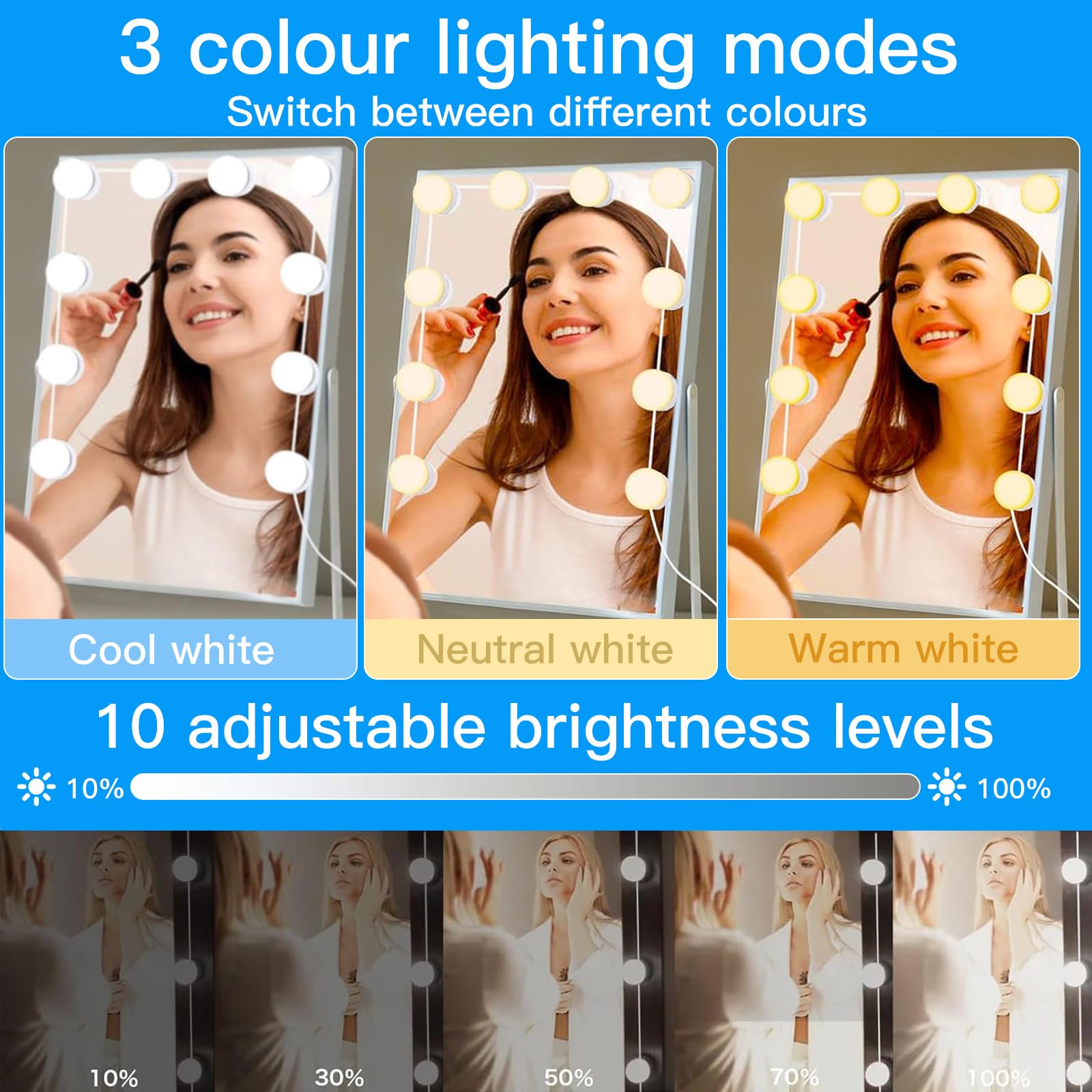 Luz de Maquillaje Led con 12 Bombillas Regulables, 3 Modos de Color, Luces de Vanidad para Tocador
