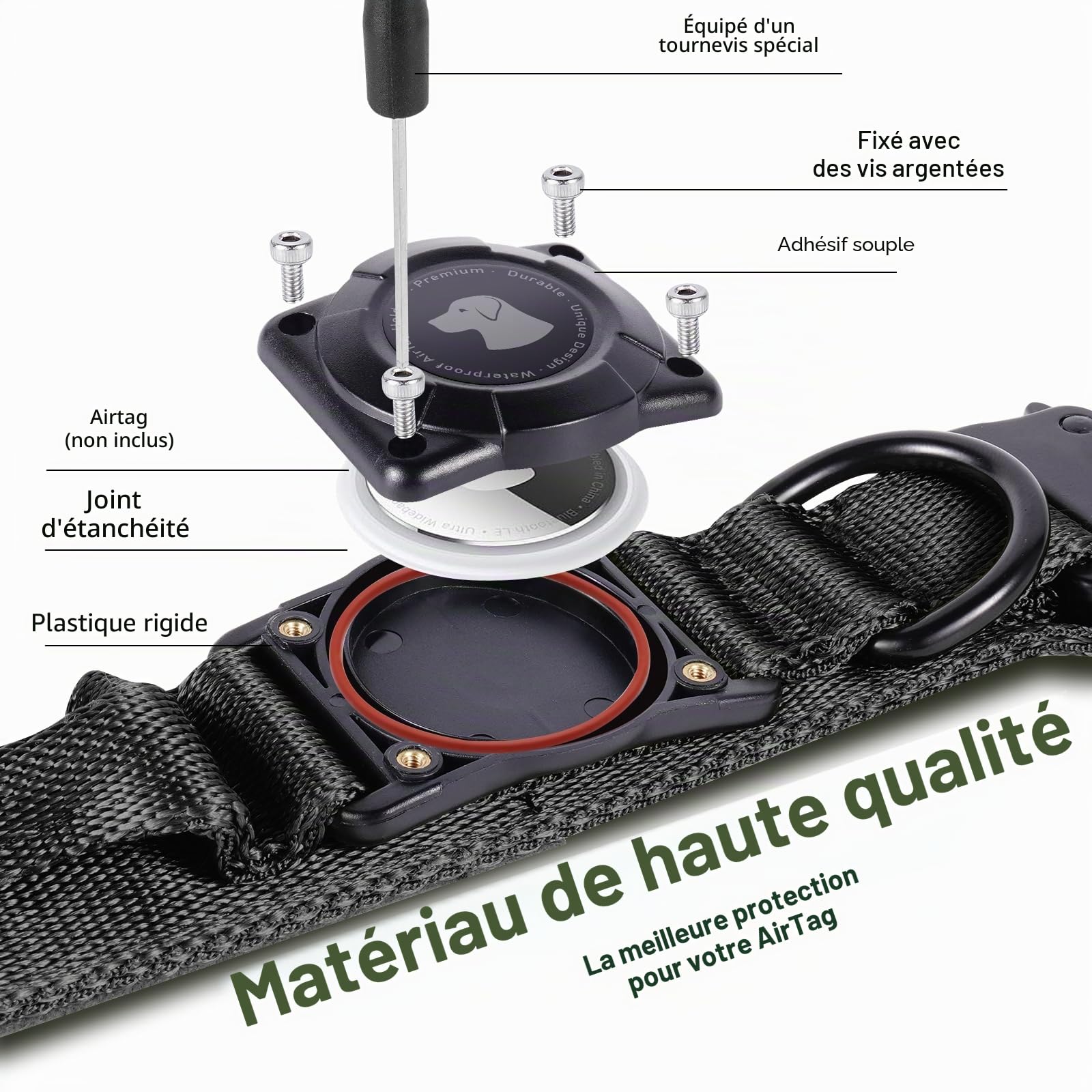 AirTag Tactical Dog Collar JIARUI Collier Tactique pour Chien avec Poignée, Collier Étanche Airtag pour Chien, Collier Épais Réglable (Noir, M(15"-19"))