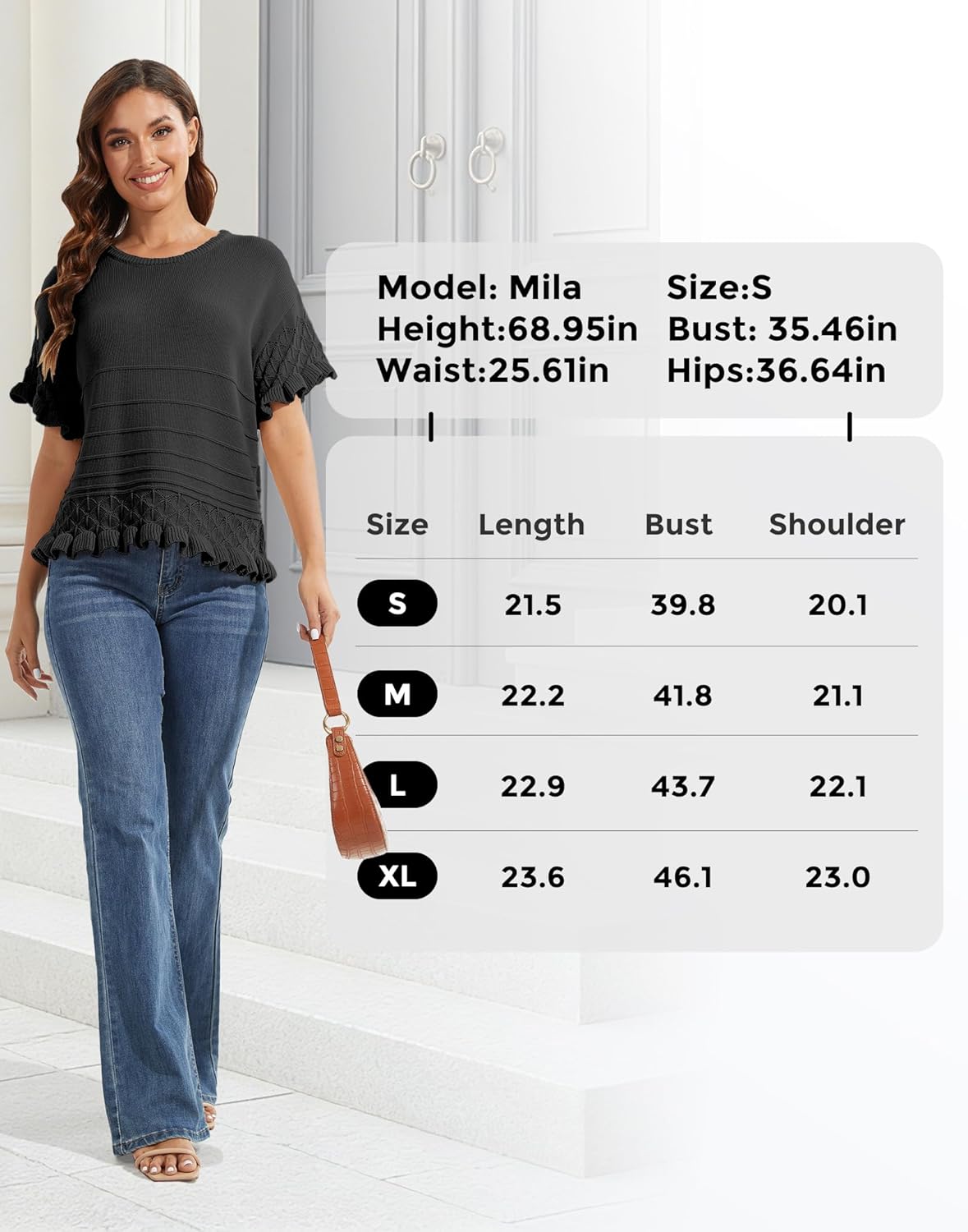 Womens Short Sleeve Crochet Sweater Ruffled Hem Round Neck Knit Pullover Casual Summer Fall Top - Image 6