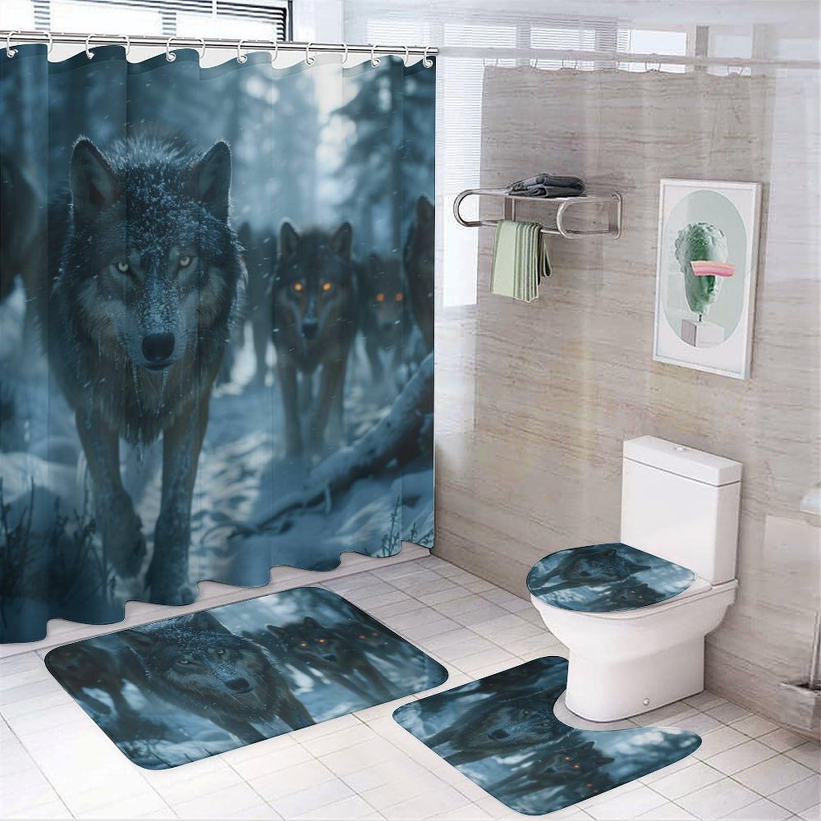 HDESDIS 4Pcs Forest Wolf Fantasy Shower Curtain Sets, Bath Mat and Rugs, Jungle Tree Wild Animals Shower Curtain with Hooks for Bathroom