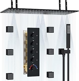 HOMEDEC Luxury Matte Black Shower System, Multi Functions 15.7x31.5inch Mist Rain Shower Head System with Full Body Sprays Jets, Rainfall Ceiling Thermostatic Shower Faucet Set