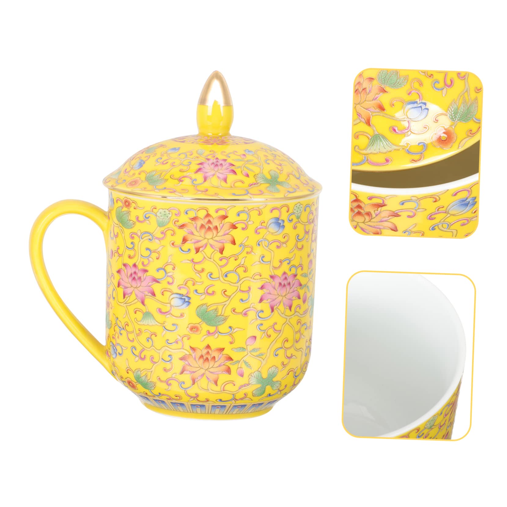 DECHOUS Teebecher mit Teesieb und Deckel aus Gelber Keramik Japanischer Tee Ei Becher im Klassischen Retro Stil Geeignet für Büro und Restaurant zum Aufbrühen von Losem Tee