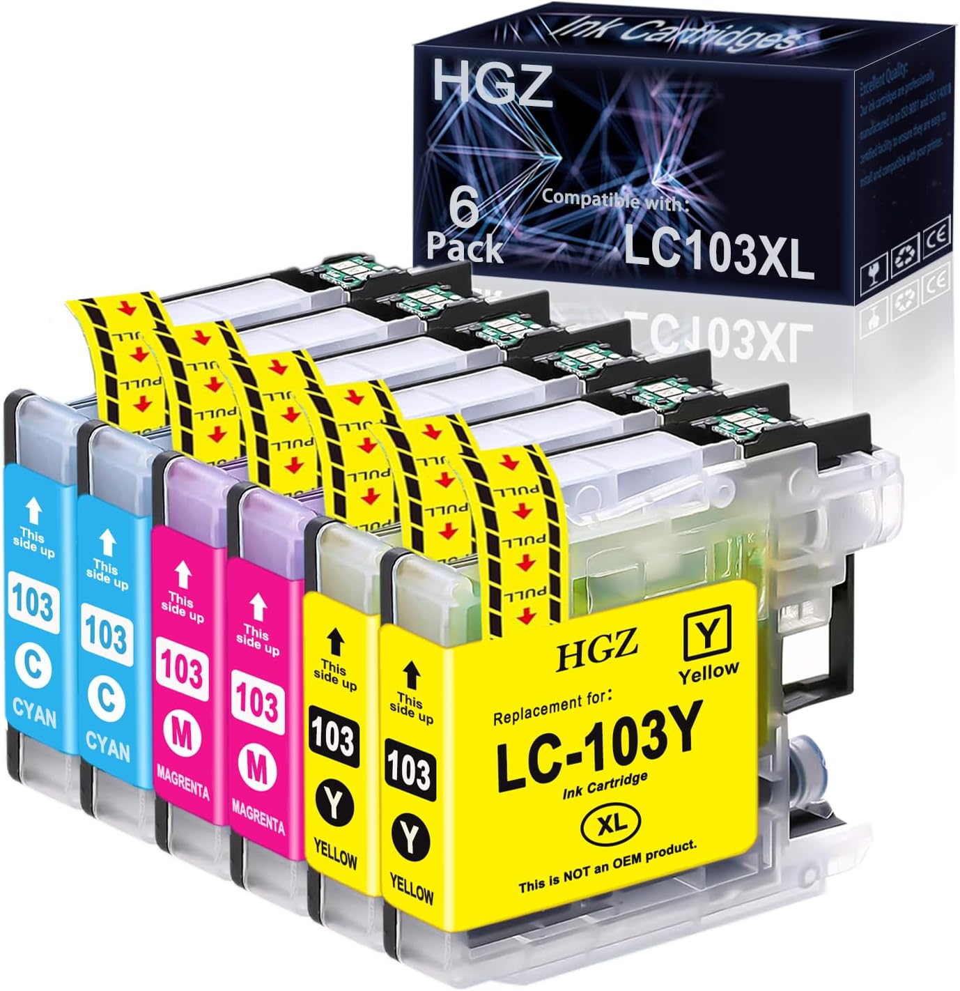 HGZ Compatible LC103XL Ink Cartridges Replaccement for LC103 LC103XL Worked for MFC J870DW J450DW J470DW J650DW J4410DW J4510DW J4710DW J6720 (2 Cyan, 2 Magenta, 2 Yellow, 6 Pack)