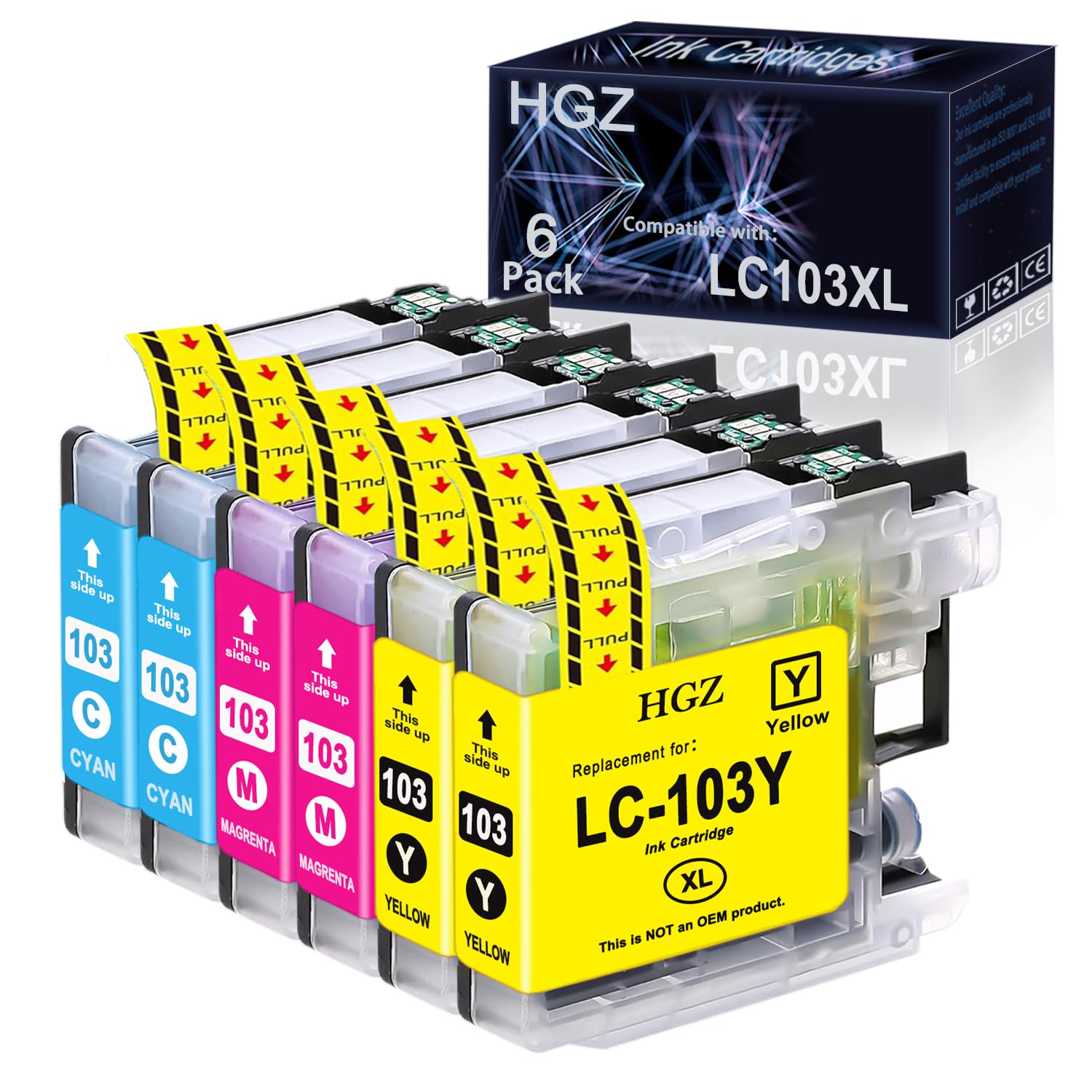 HGZ Compatible LC103XL Ink Cartridges Replaccement for LC103 LC103XL Worked for MFC J870DW J450DW J470DW J650DW J4410DW J4510DW J4710DW J6720 (2 Cyan, 2 Magenta, 2 Yellow, 6 Pack)