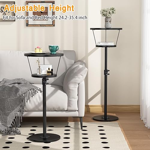 Miniatura 3 de Mesa auxiliar pequeña, mesa de bebida de 2 niveles, mesa auxiliar redonda ajustable en altura, mesa auxiliar de pedestal para espacios pequeños en