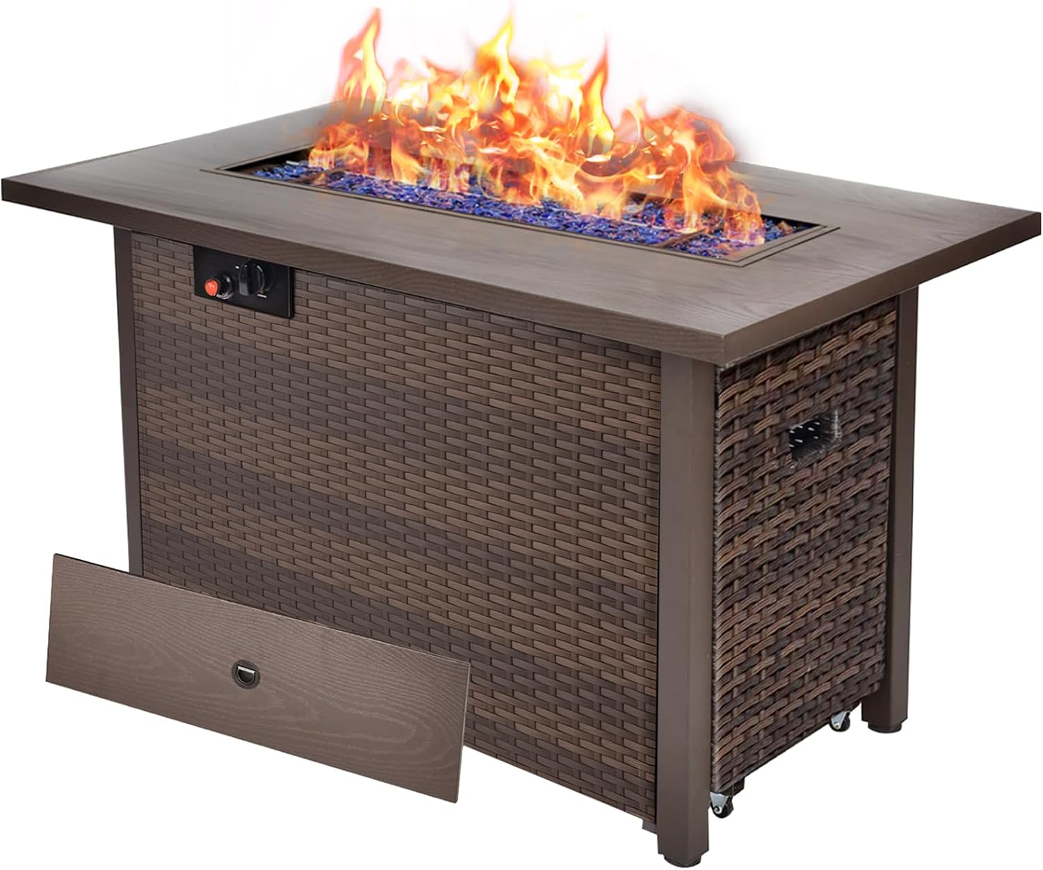 42" Propane Fire Pit, Outdoor Wicker Fire Pit Tables Rectangular Tabletop with Lid and Blue Glass Stones, 50000 BTU w/CSA-Certified and Tables for Outside Patio, Backard (Brown)