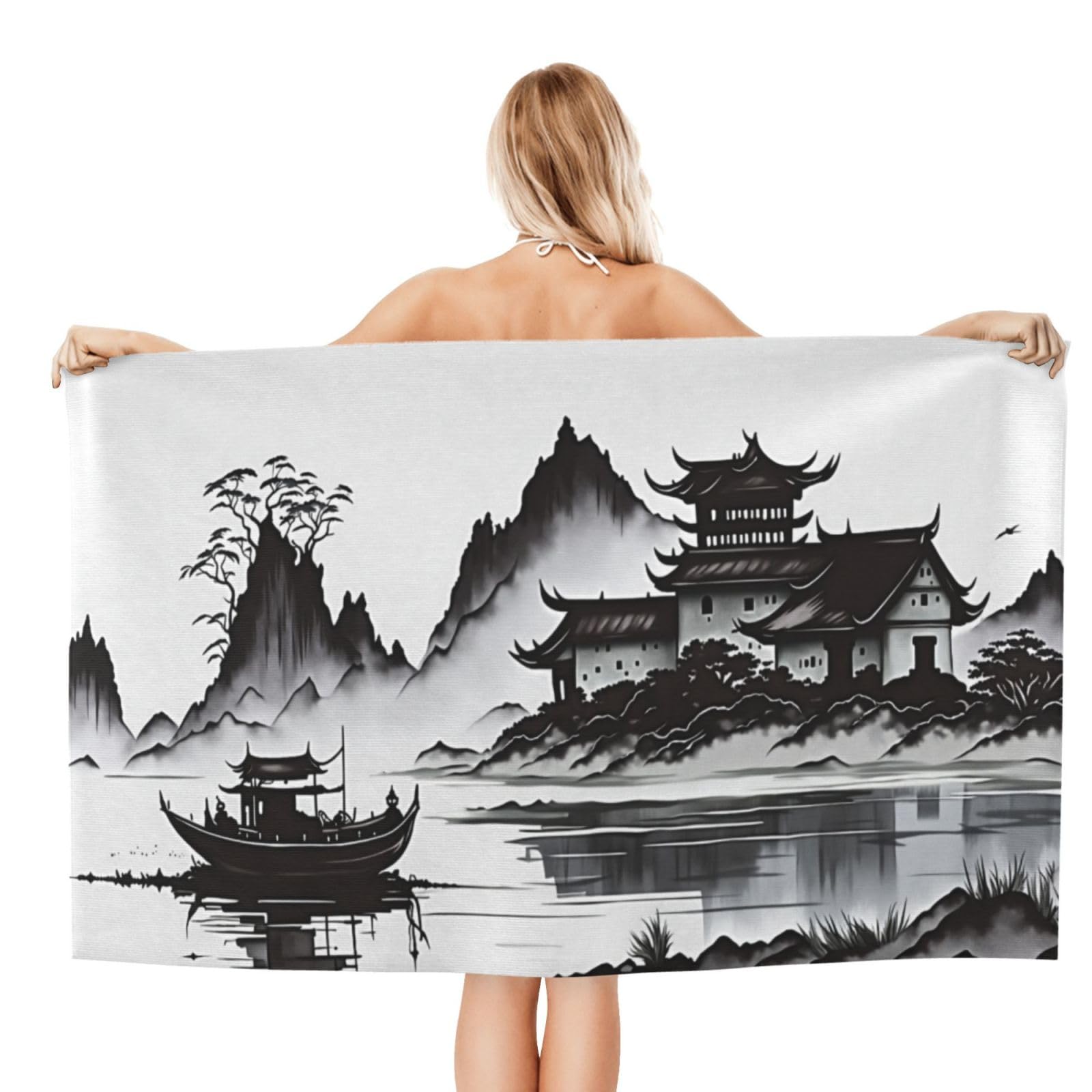 Anceky Beach Towel for Women, Chinese Landscape Sand-Free Microfiber Ultra Soft Lightweight Bath Towels for Outdoor Bathroom Swimming 32"X52"
