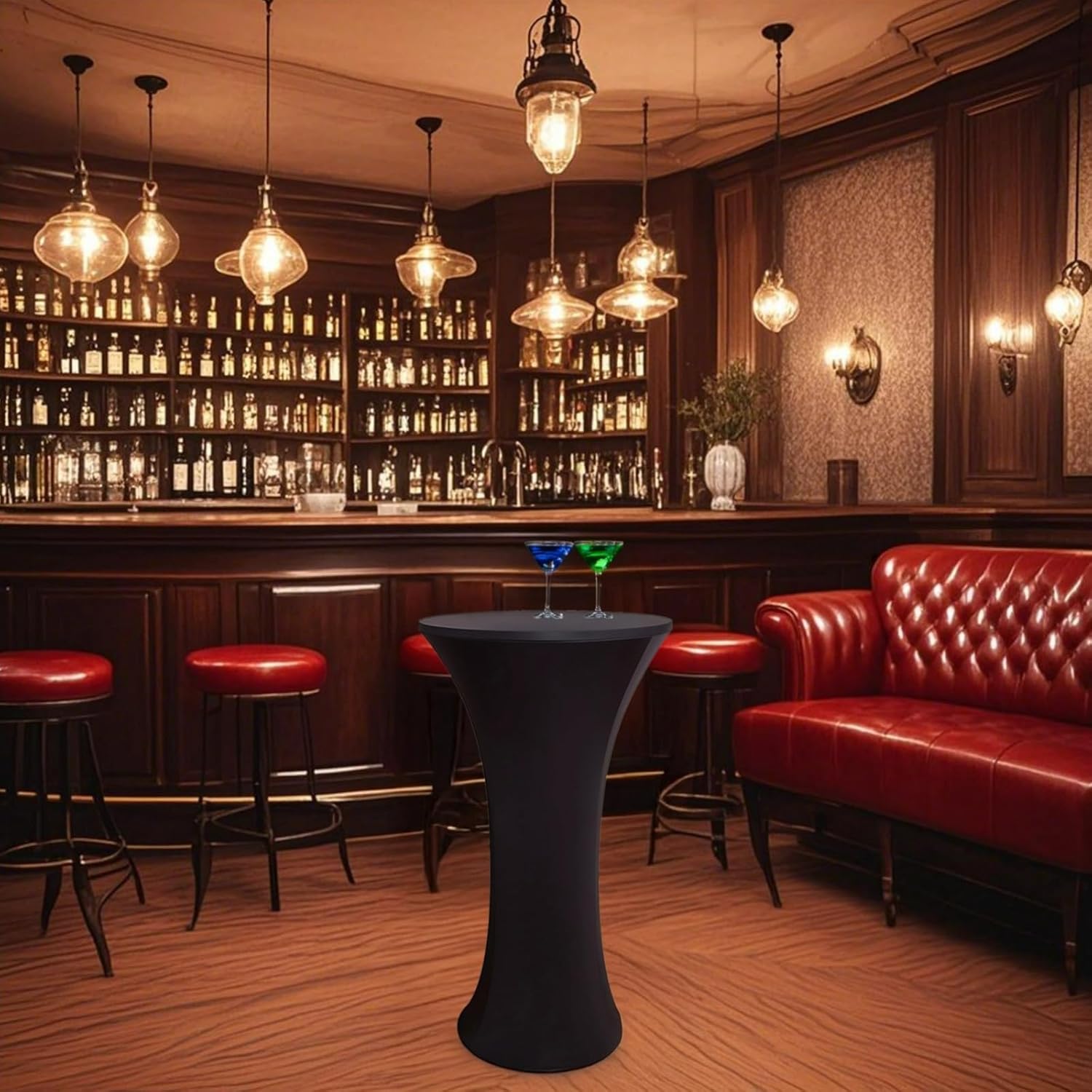 Table Runner,4 Pcs Cocktail Table Covers, Black Round Bottom, Elastic Polyester, Perfect for Weddings, Parties, Bars, and Events Quality, Wrinkle-Free, Easy to Clean