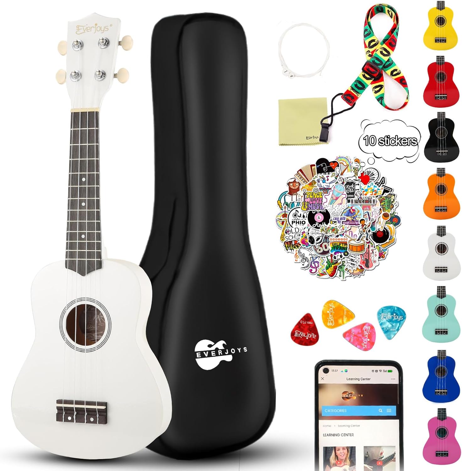 Everjoys Soprano Ukulele Beginner Pack-21 Inch w/Free Online Lesson Gig Bag Digital Tuner Pick All in One Kit (Shinny White）