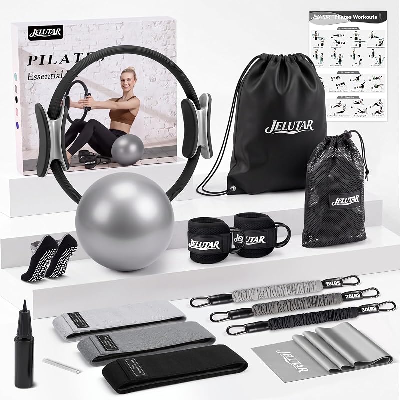 Pilates Kit for Women Home Workout, Pilates Equipment Set | 14”Pilates Ring and Ball, Fabric Resistance Bands, Exercise Band, Ankle Straps, Grip Socks Gym Accessories Fitness Essentials