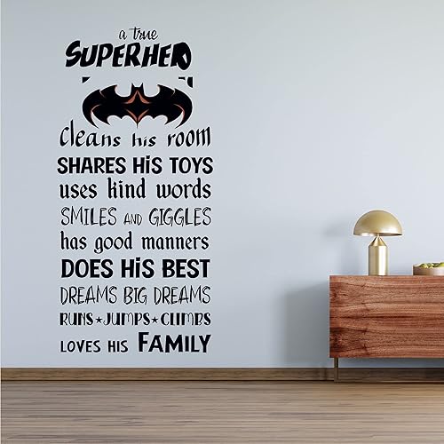 Vinilo decorativo para pared, diseño de "Boys Kids A True Superhero Quotes", 20 x 40 pulgadas, decoración de Bruce Wayne Gotham City