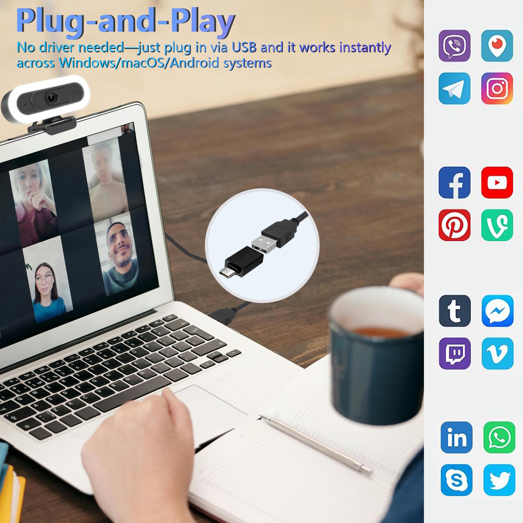 Webcam 2K per PC, webcam LED RGB con microfono e luce, autofocus, treppiede girevole e copertura per la privacy per streaming live, videochiamate, giochi, funziona con zoom, Skype, YouTube, team