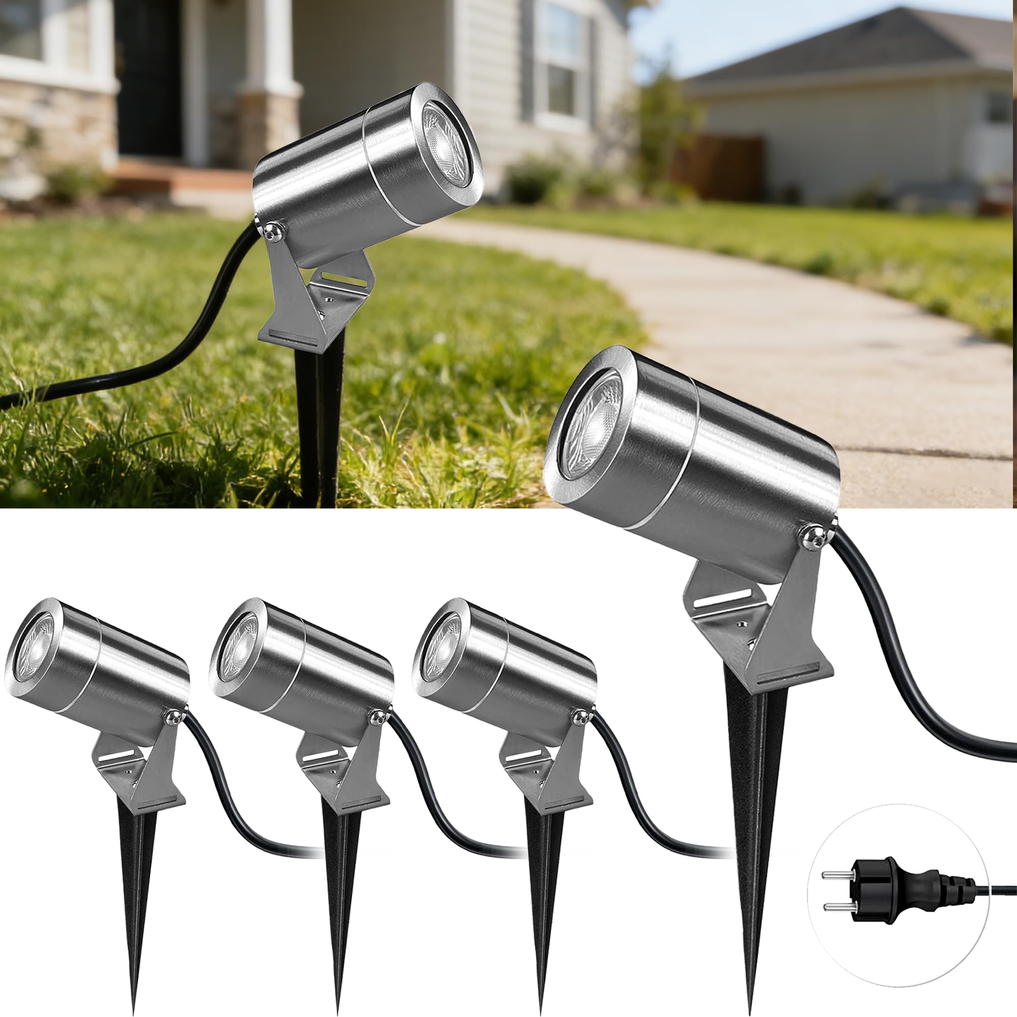 JNR Edelstahl Gartenstrahler LED Strahler Außen Wasserdicht IP65 Wasserdichte, Gartenleuchten mit Strom 5W GU10 3000K Warmweiß Glühbirne, 2m Kabel mit Stecker Gartenbeleuchtung (4 Pack-Silber)