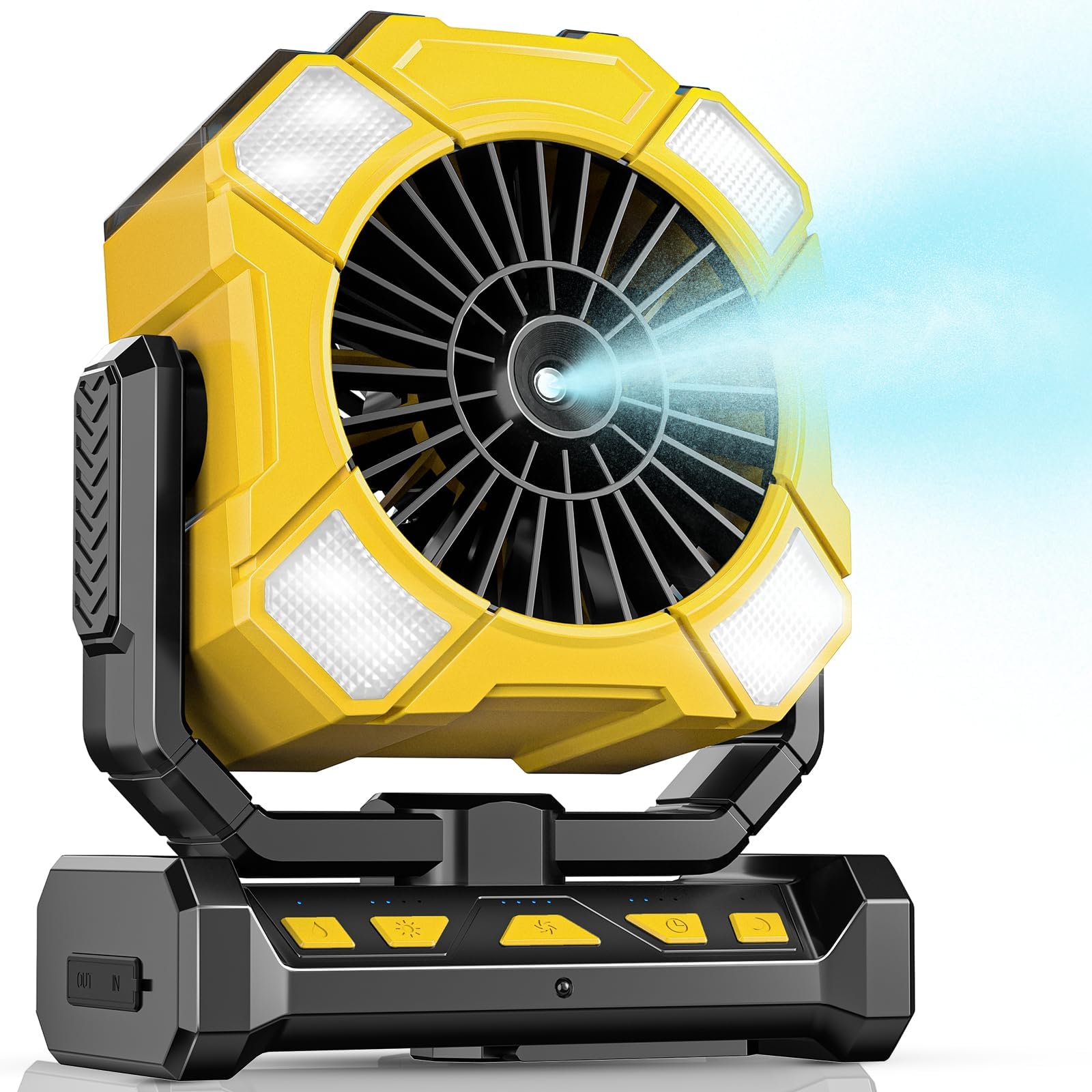 RAZZMA Portable Fan with Misting & 24000mAh Battery - 80H Runtime, 7μm 16ft Mist, Ultra Quiet 4-Speed Camping Fan for Outdoor Indoor, Remote & 300mL Tank-Yellow