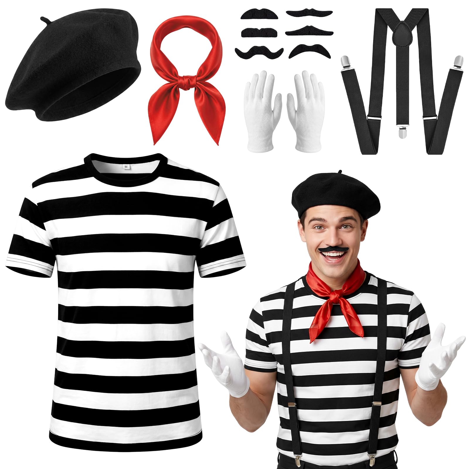 Vervora French Mime Costume Set - Unisex Adult Black & White Striped T-Shirt, Beret, Red Scarf, Braces, White Gloves & Fake Moustache Kit - Perfect for Halloween, Fancy Dress & Themed Parties (L)