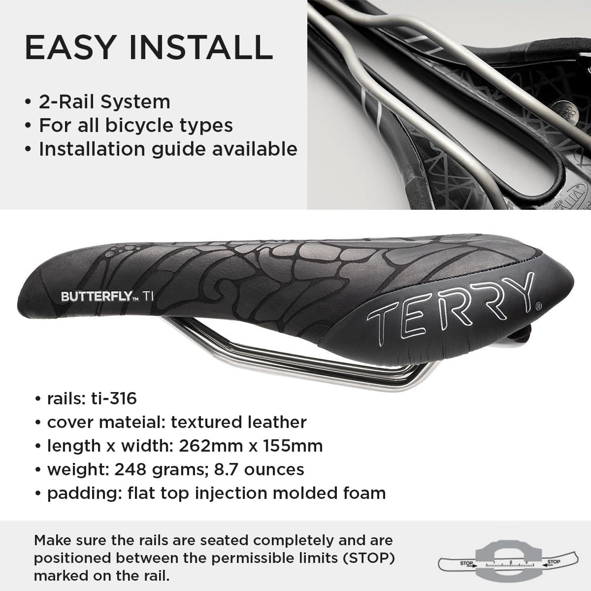 Terry Bike Saddle Womens Butterfly Ti Saddle, Bicycle Seat for Women - Comfortable Flat Top Textured Leather Cover Bike Seat