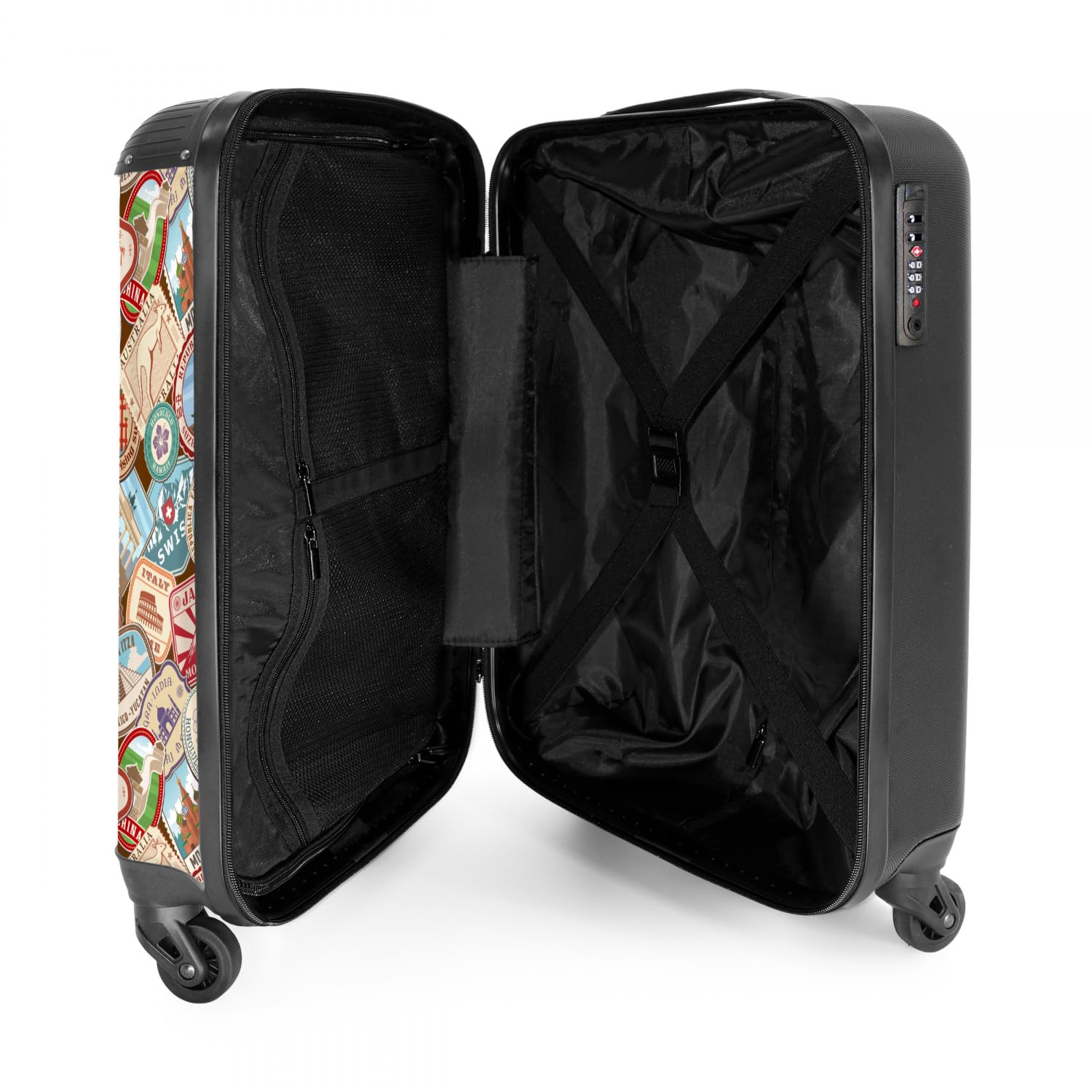 NoBoringSuitcases.com® Maletas de Viaje Cabina, Equipaje de Mano, Trolley con 4 Ruedas giratorias rotación de 360, Divertidas, TSA Cerradura, 10kg Avion, 55x40x20 cm Patrón de destinos